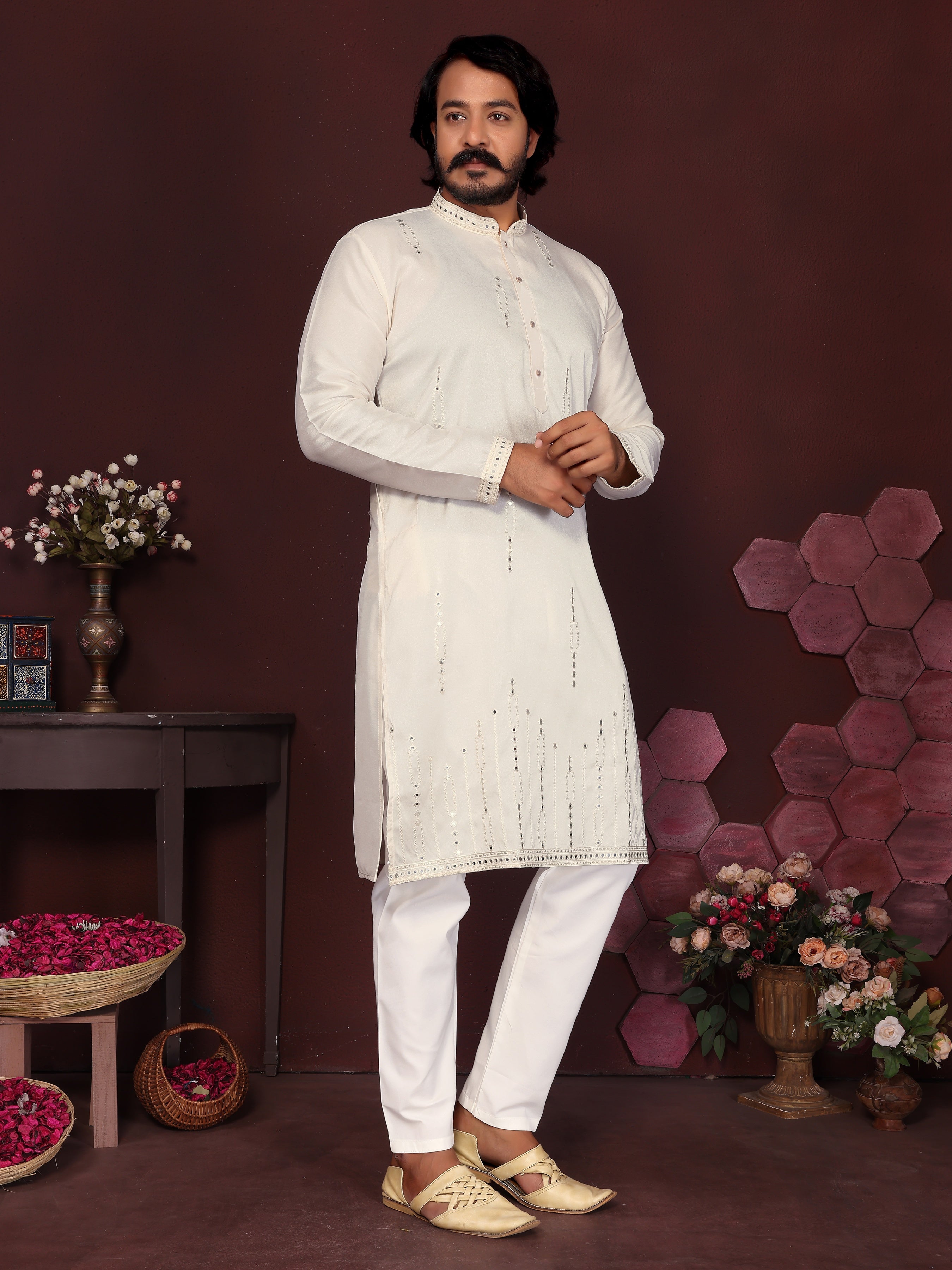 Boys White Mirror Embroidery Kurta and Pajama Set for Weddings