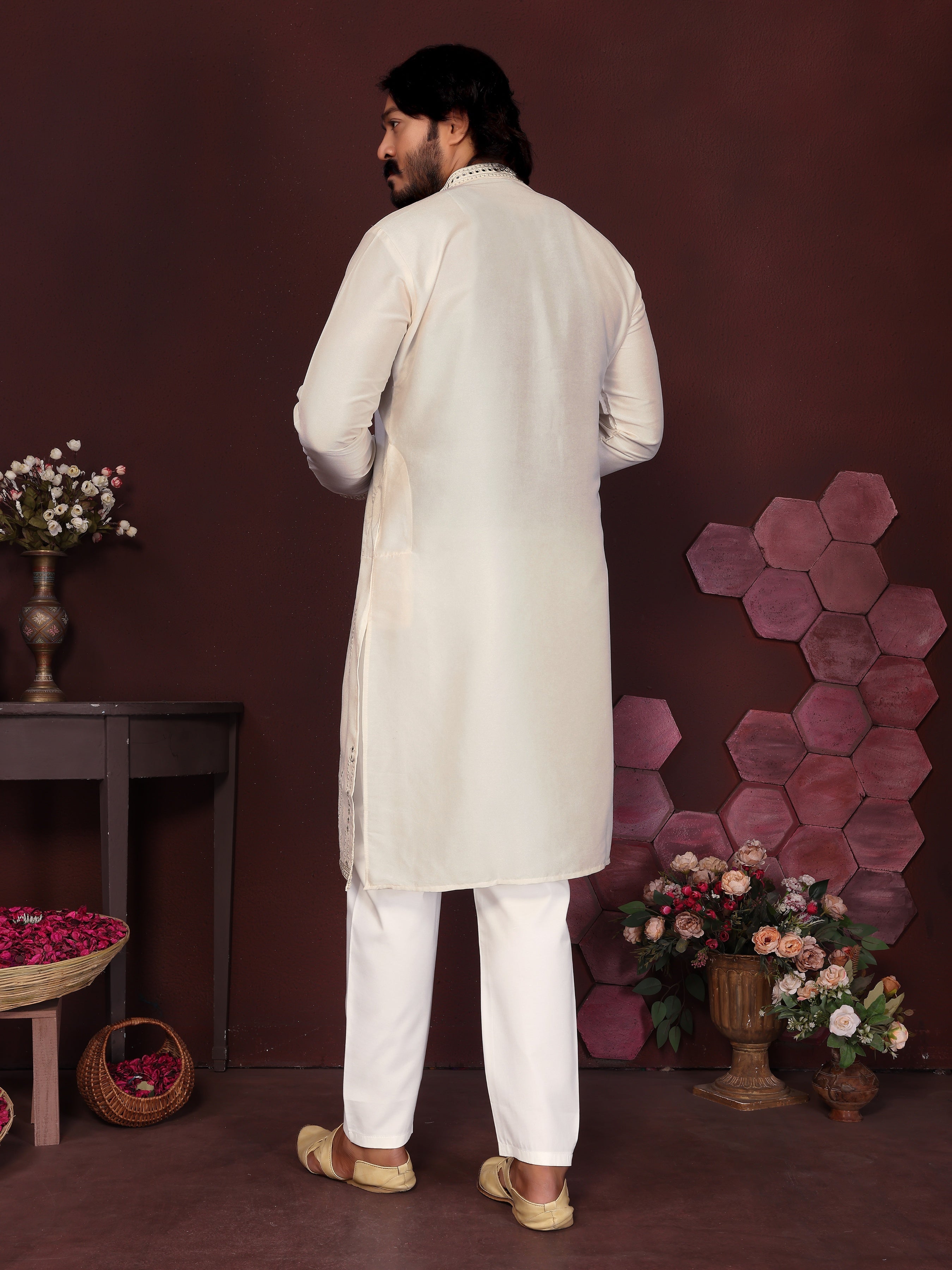 Boys White Mirror Embroidery Kurta and Pajama Set for Weddings