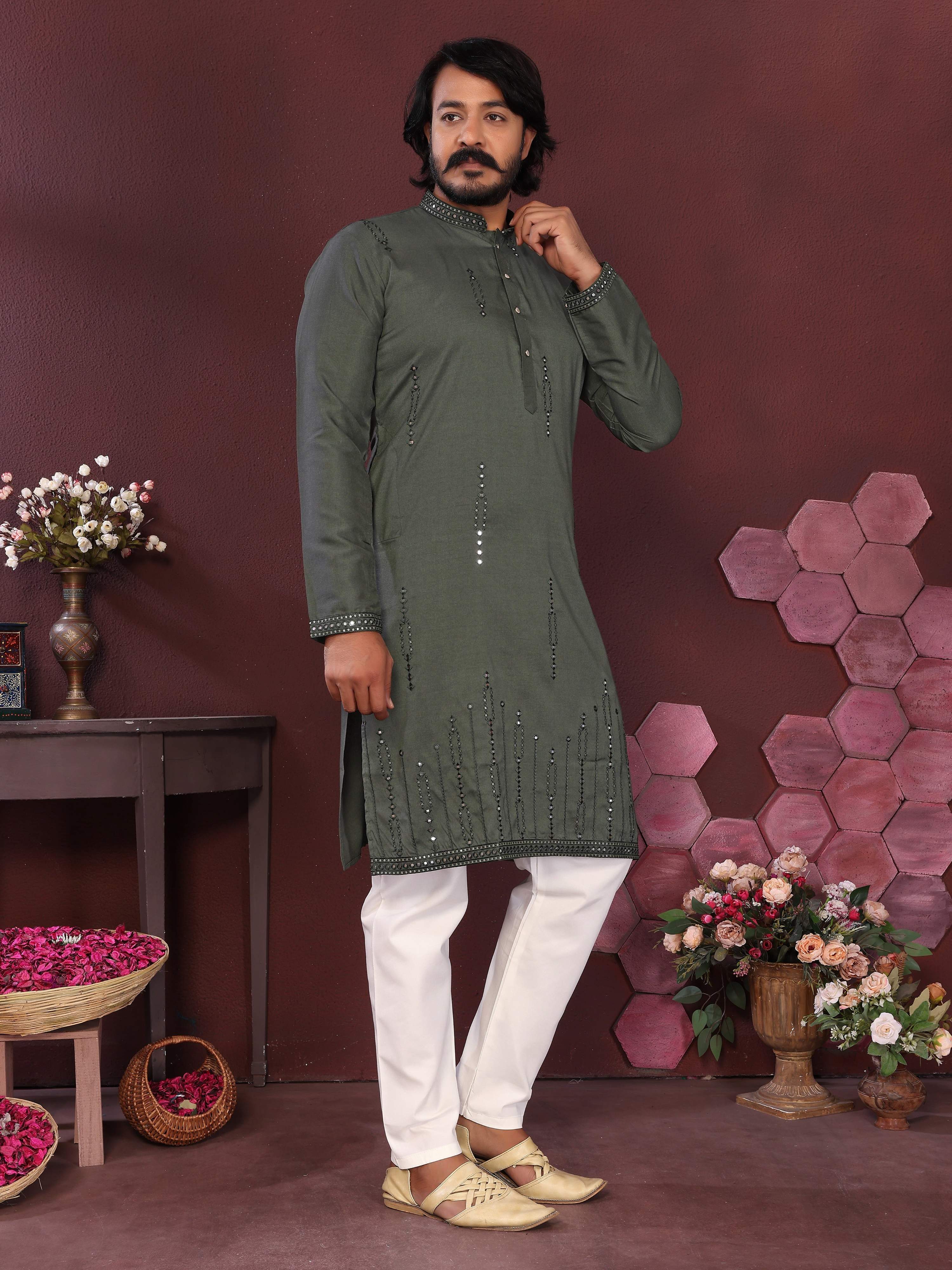 Men's Green Smart Silk Kurta with Pajama Set Mirror Embroidery