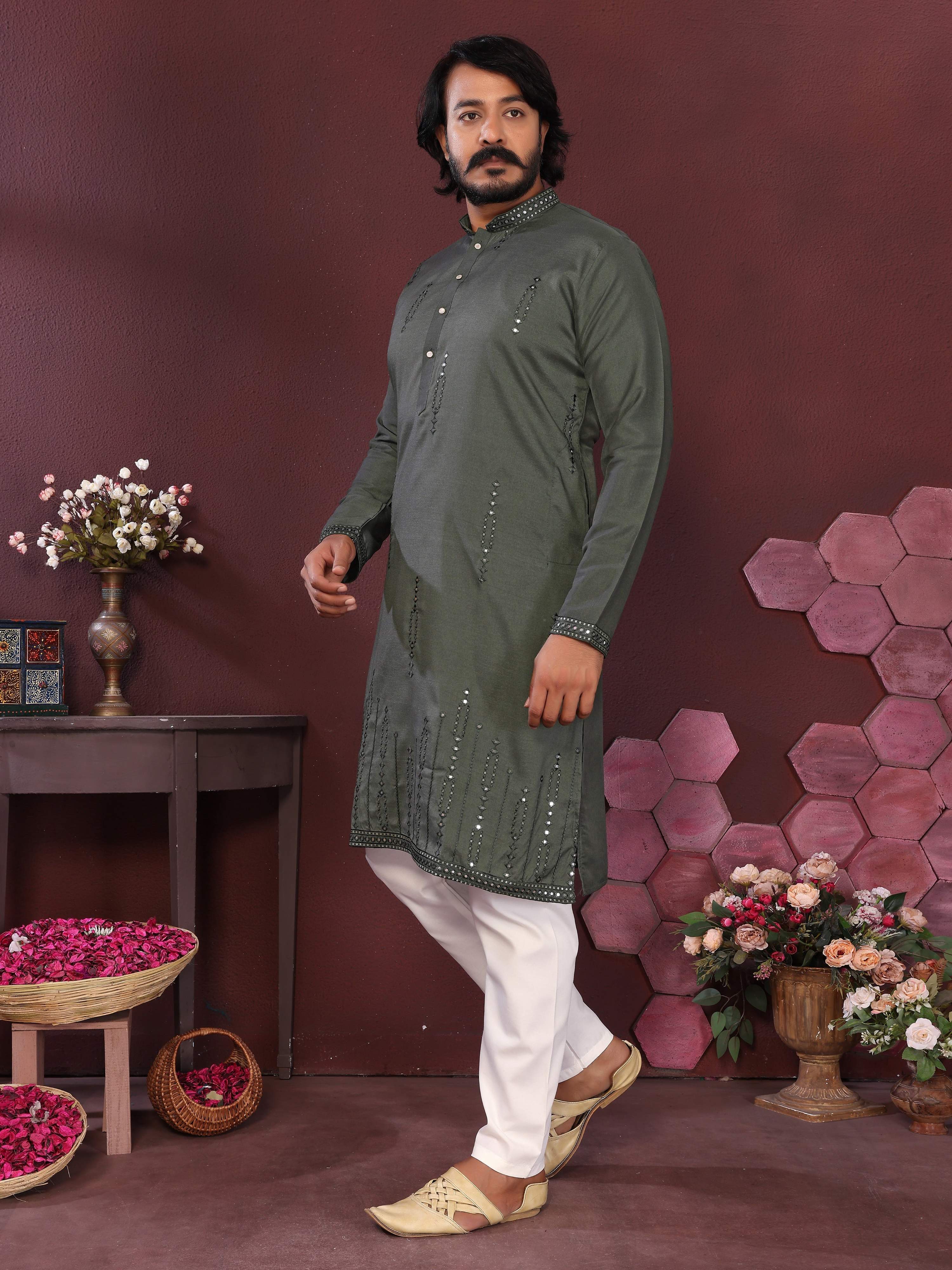 Men's Green Smart Silk Kurta with Pajama Set Mirror Embroidery