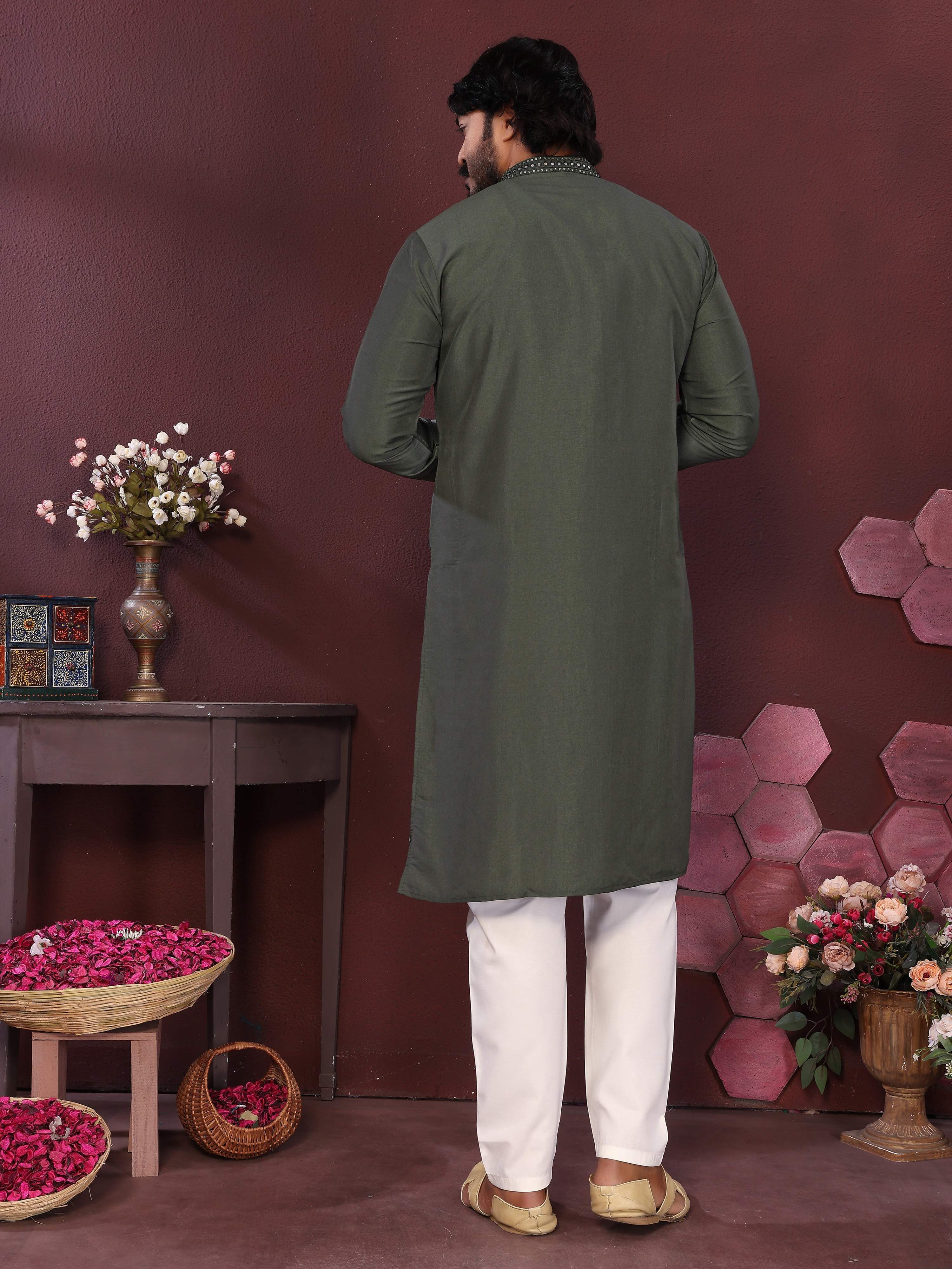 Men's Green Smart Silk Kurta with Pajama Set Mirror Embroidery