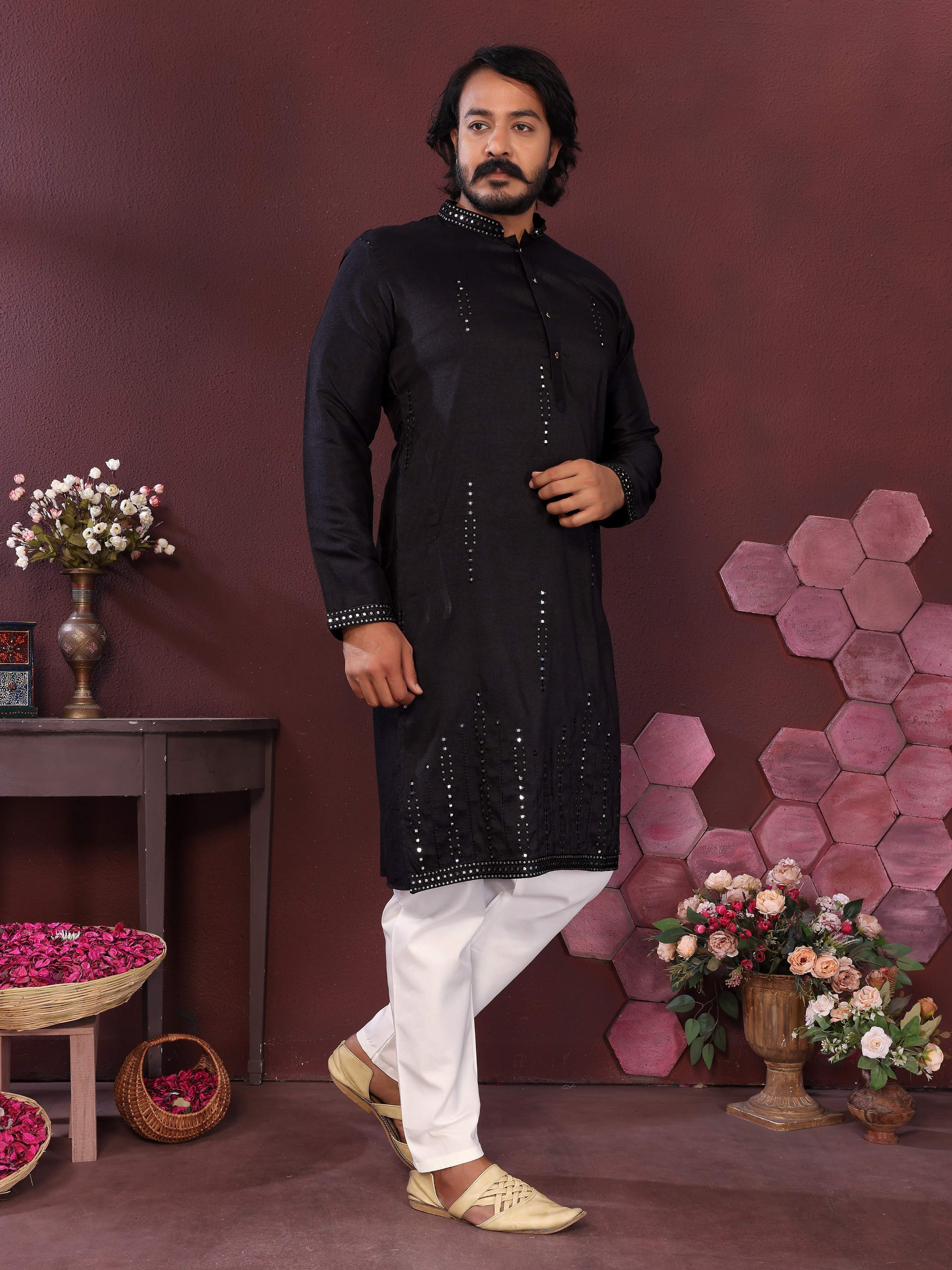 Boys Black Mirror Embroidery Kurta and Pajama Set for Festive Wear