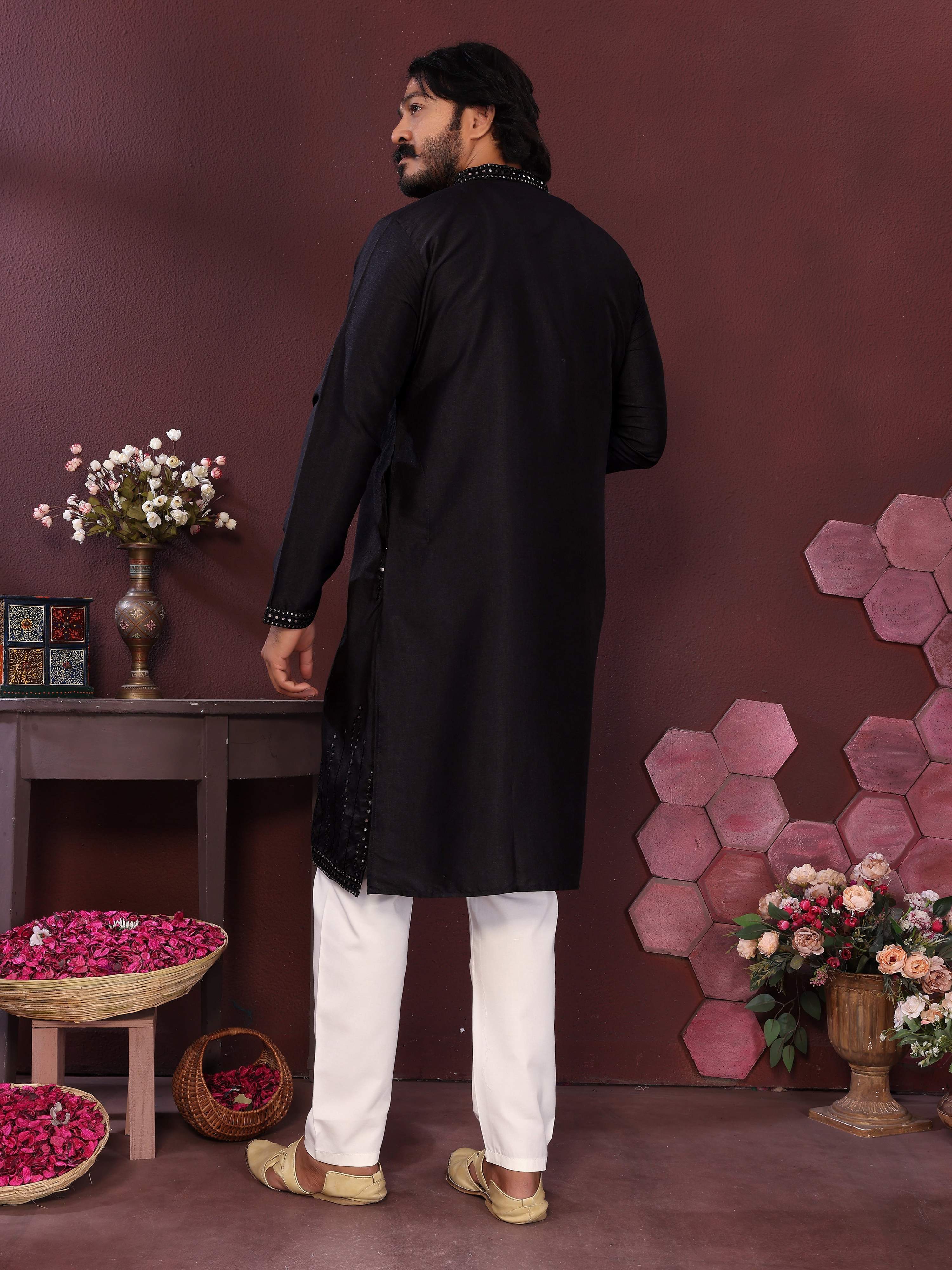 Boys Black Mirror Embroidery Kurta and Pajama Set for Festive Wear