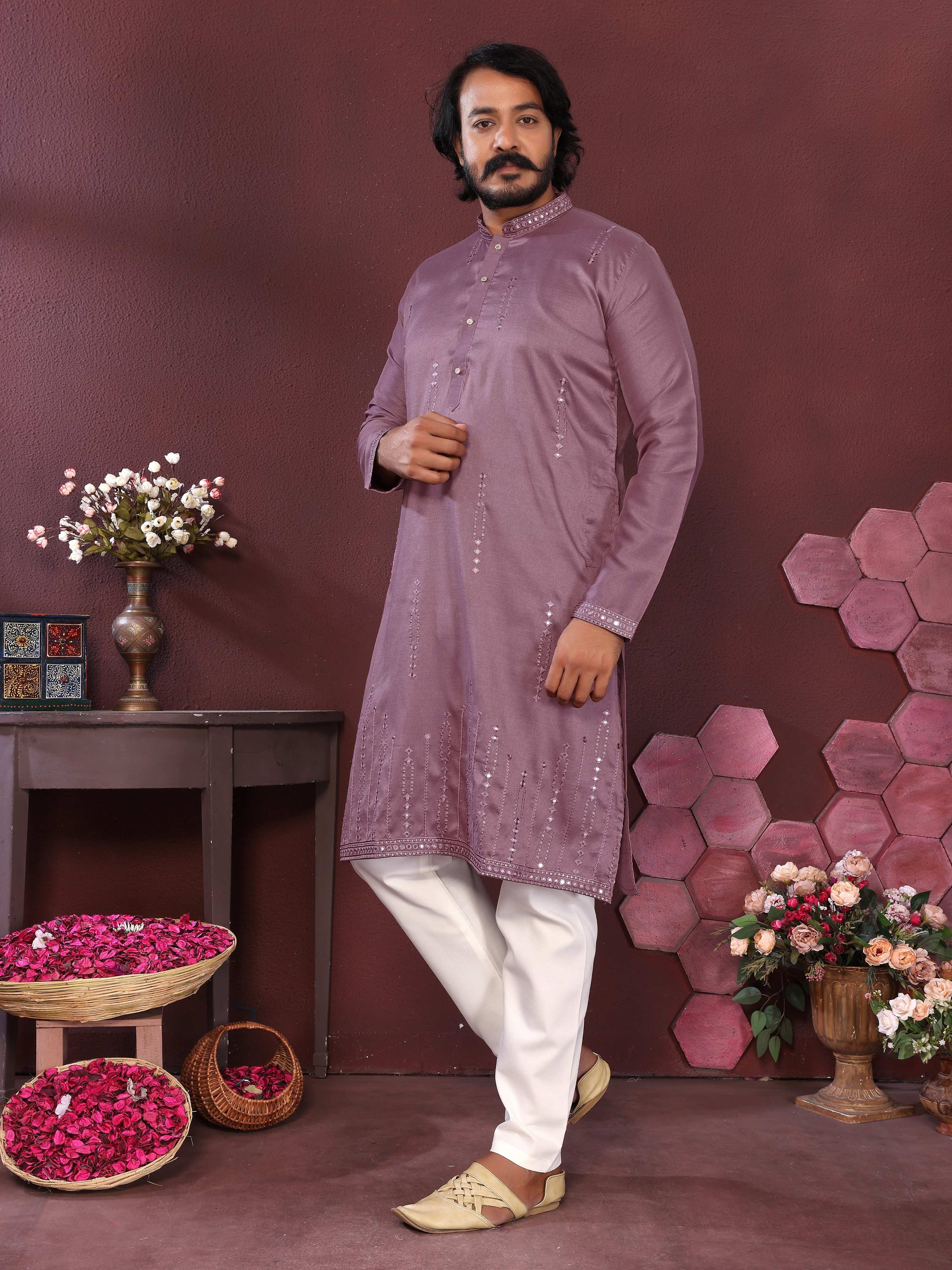 Men's Purple Mirror Embroidery Kurta and Pajama Set