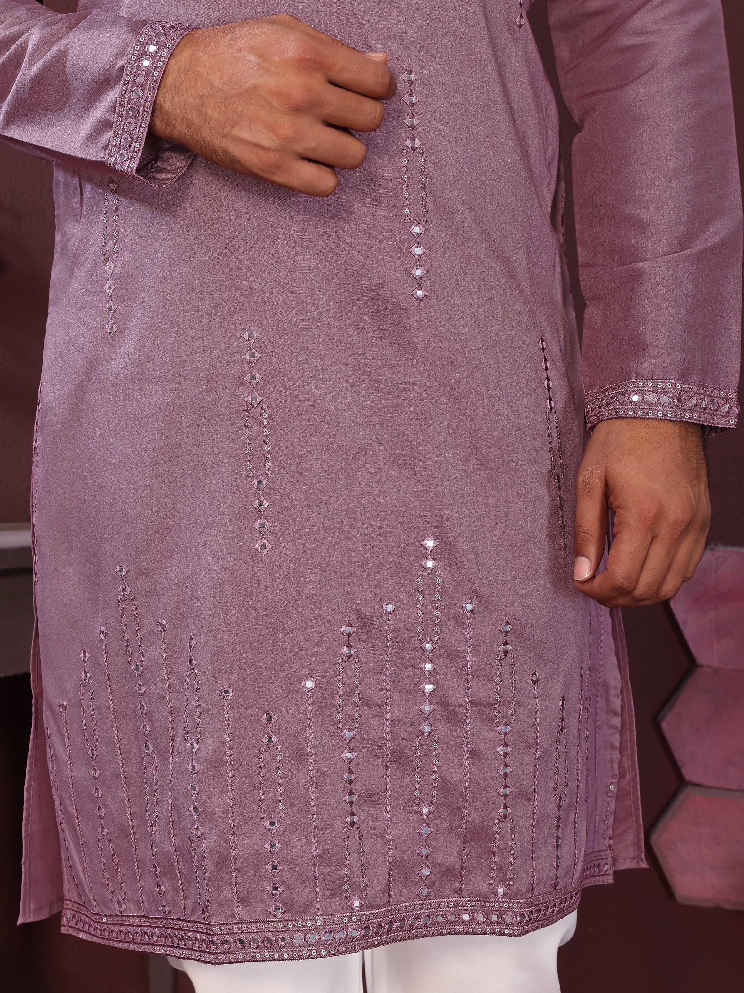 Men's Purple Mirror Embroidery Kurta and Pajama Set