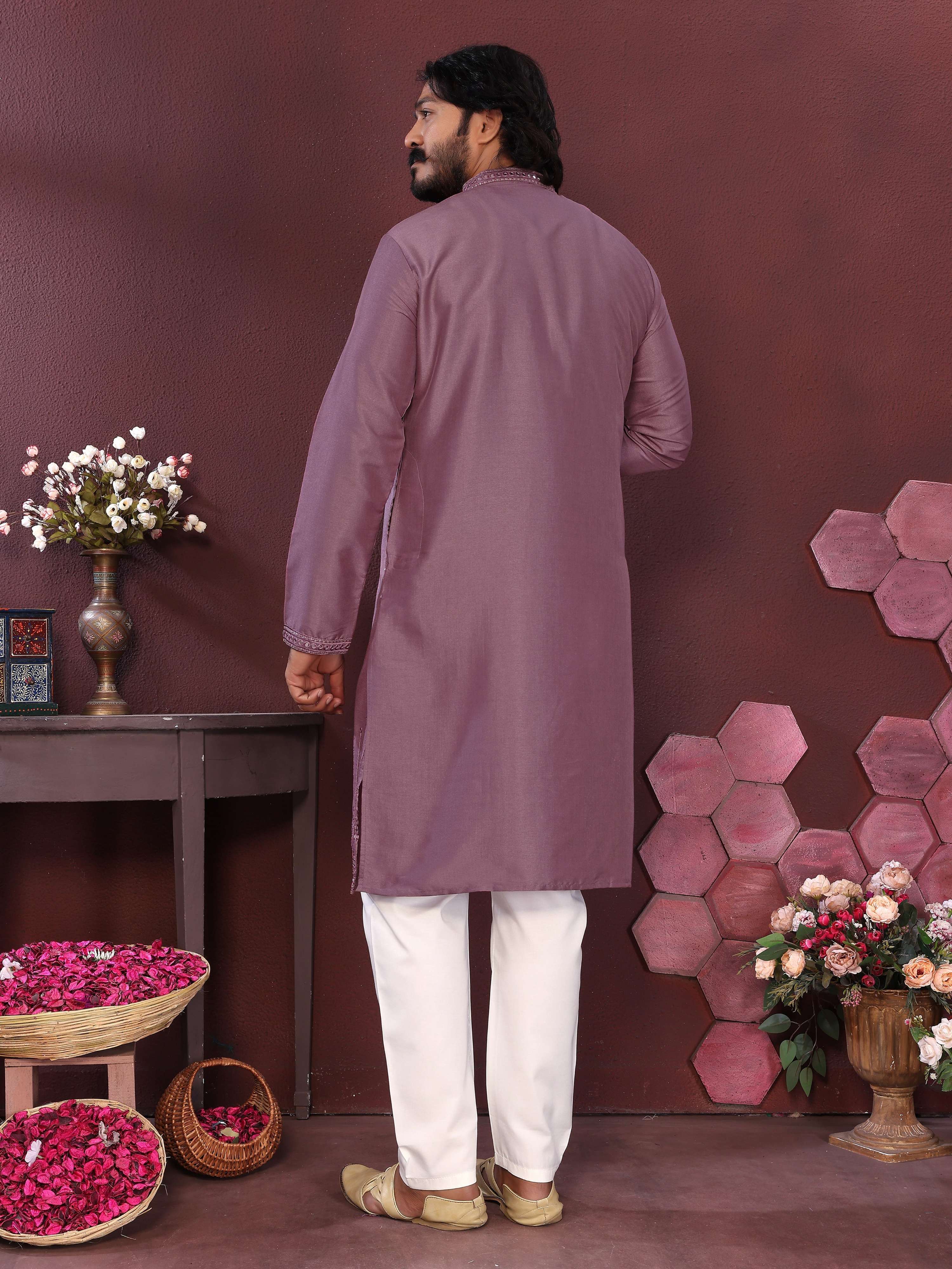 Men's Purple Mirror Embroidery Kurta and Pajama Set