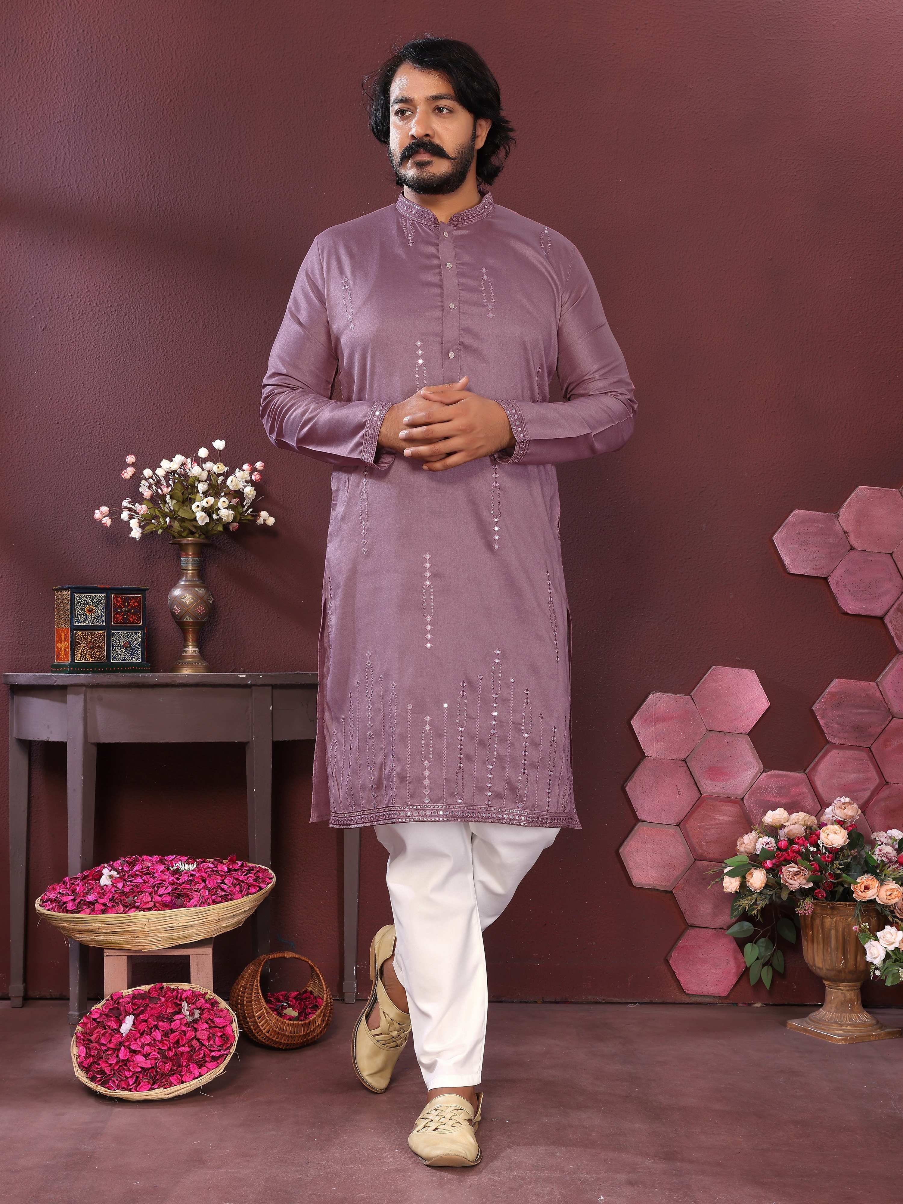 Men's Purple Mirror Embroidery Kurta and Pajama Set