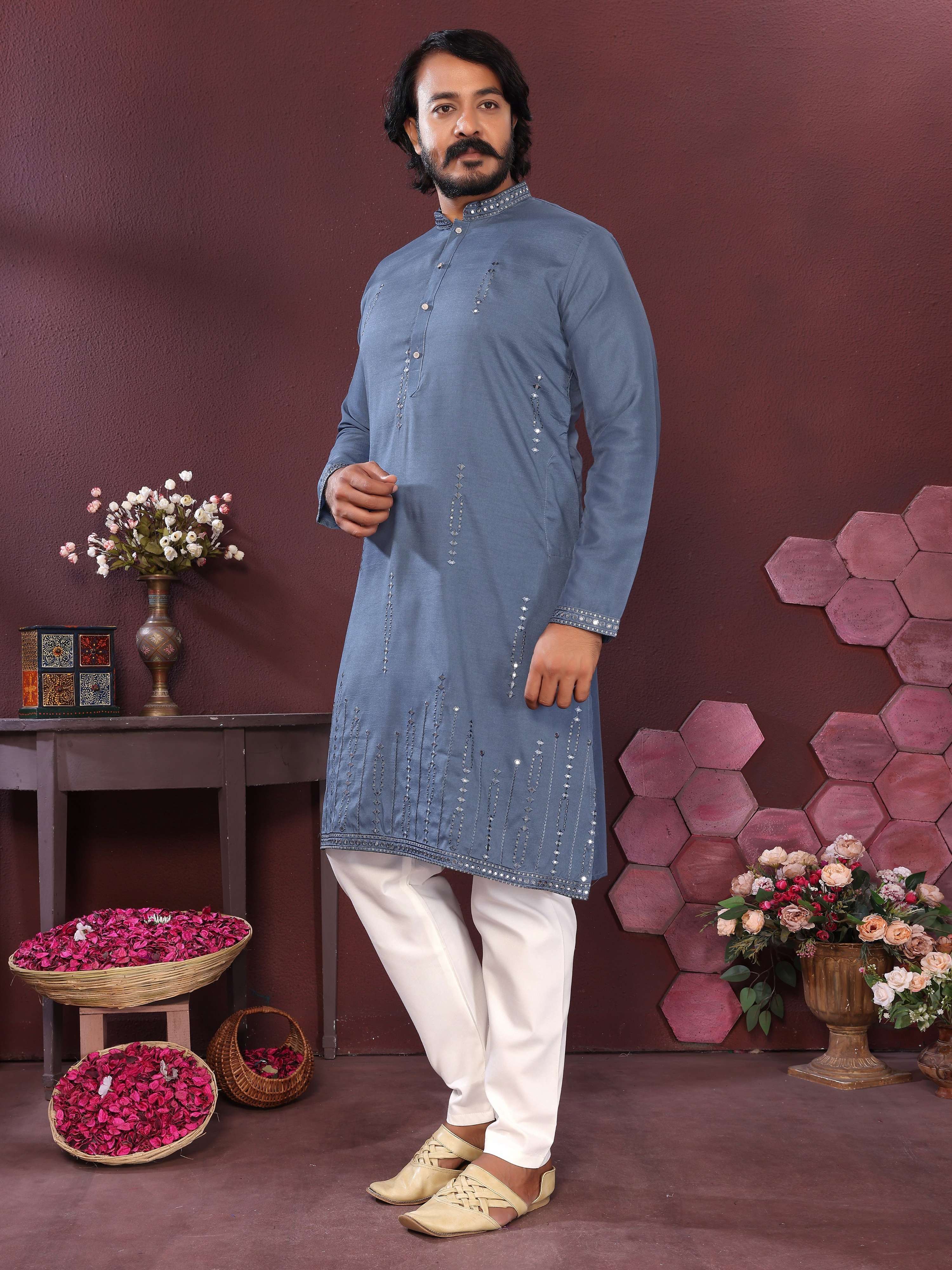 Blue Mirror Embroidery Kurta with Pajama Set for Men