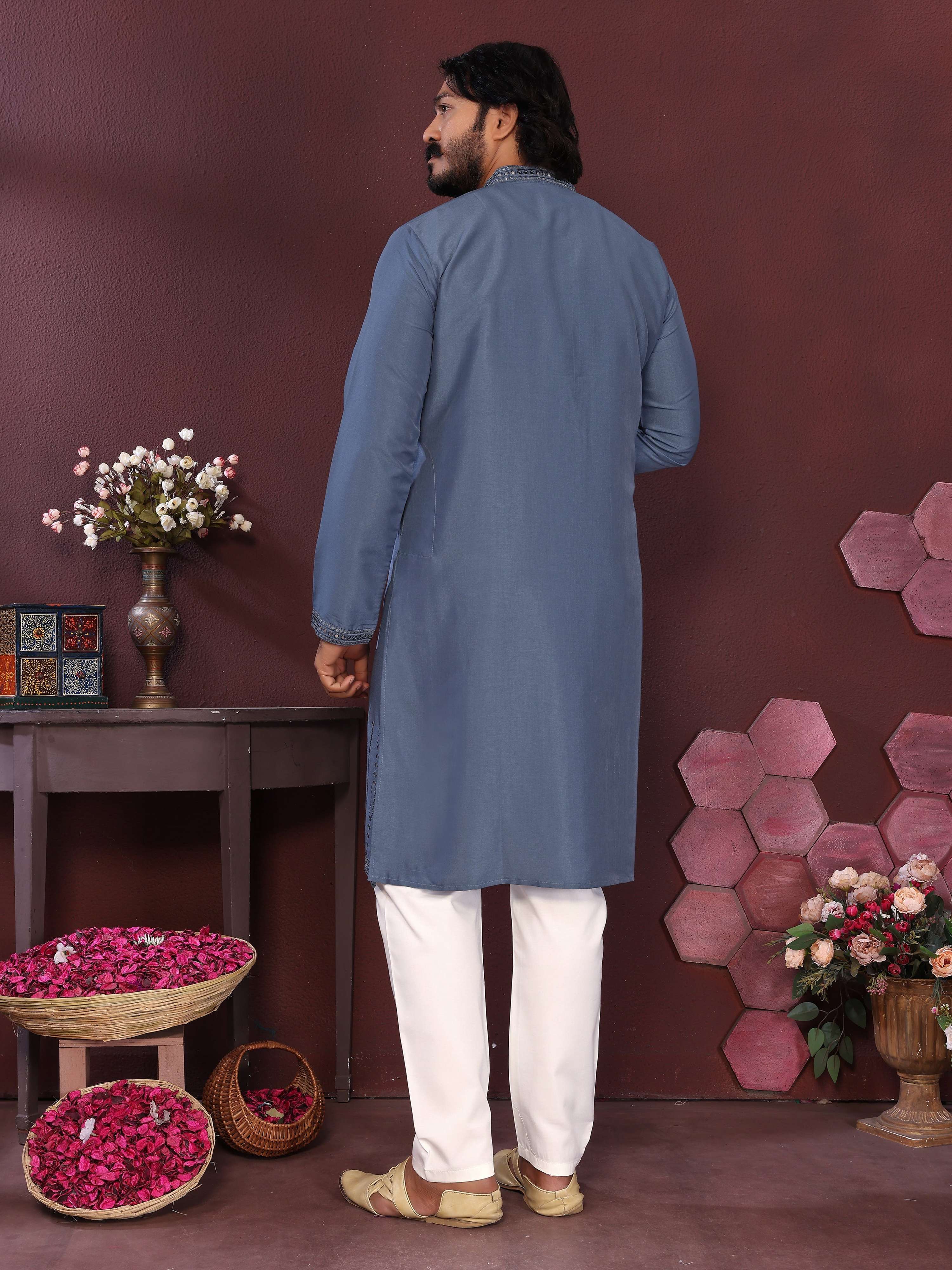 Blue Mirror Embroidery Kurta with Pajama Set for Men