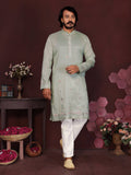 Men's grey kurta with sequins embroidery and matching pajama set