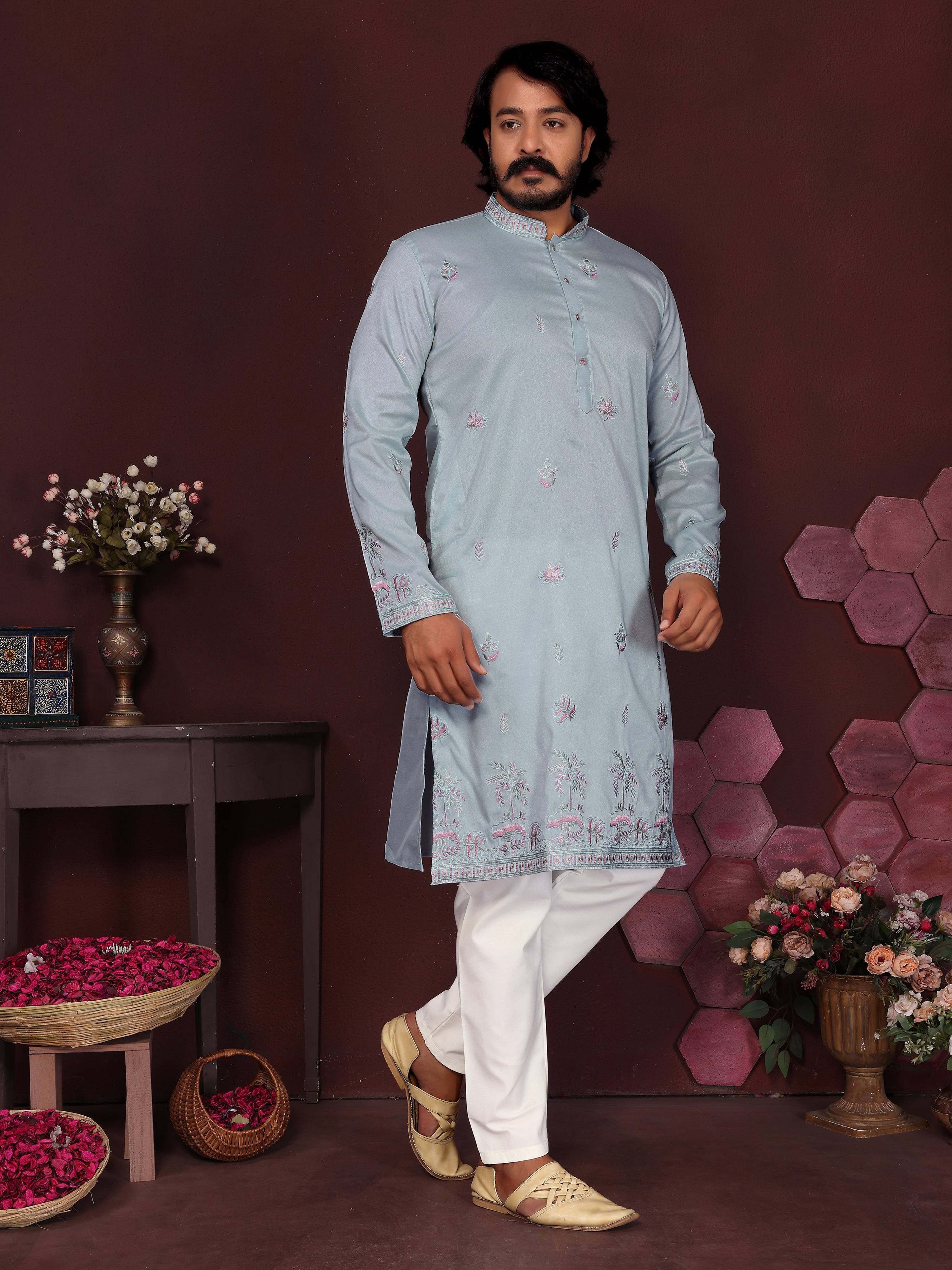 Toddler boy in a premium blue smart silk kurta with detailed sequins embroidery and pajama