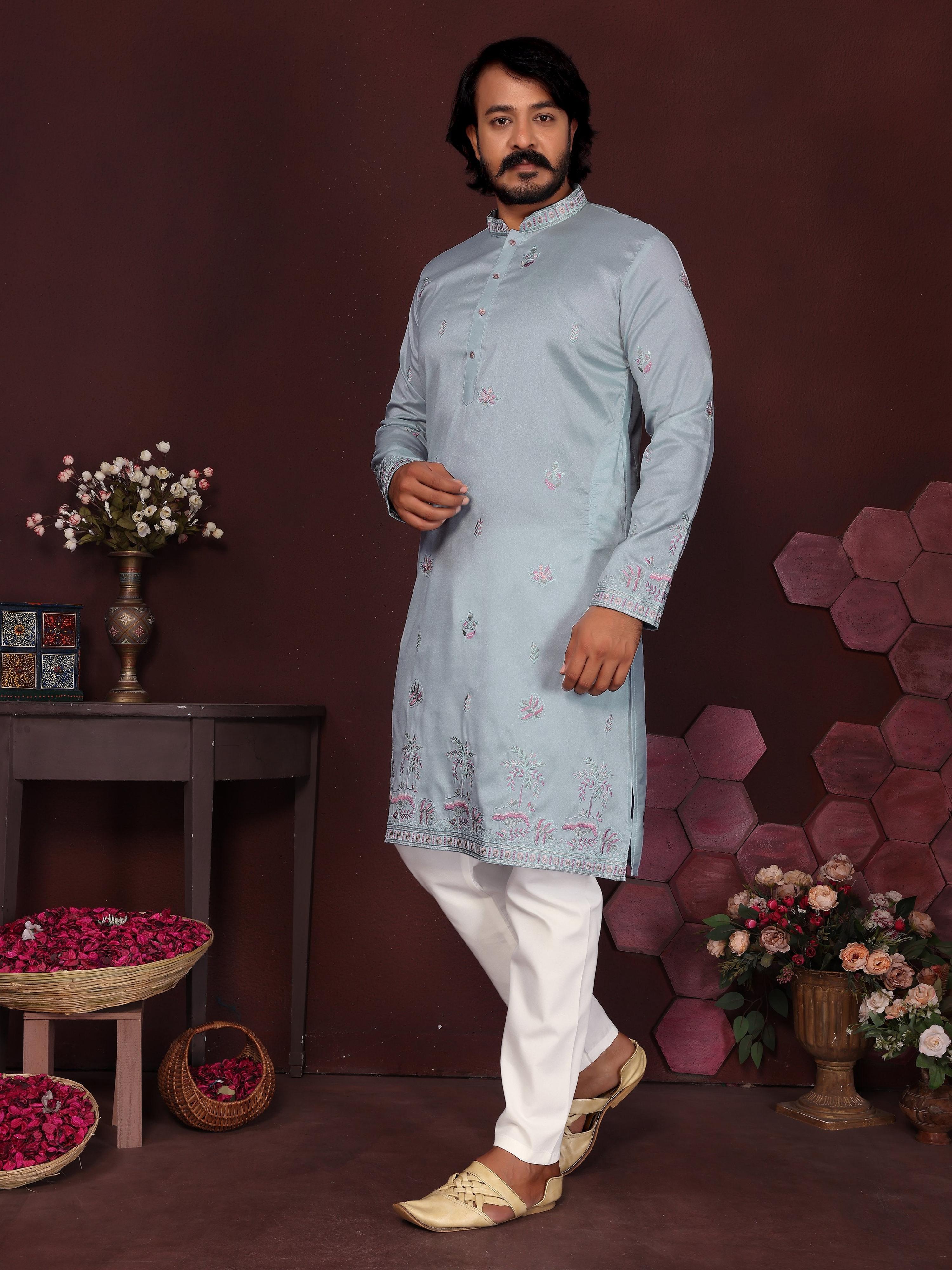Toddler Boys Blue Sequins Embroidered Silk Kurta and Pajama