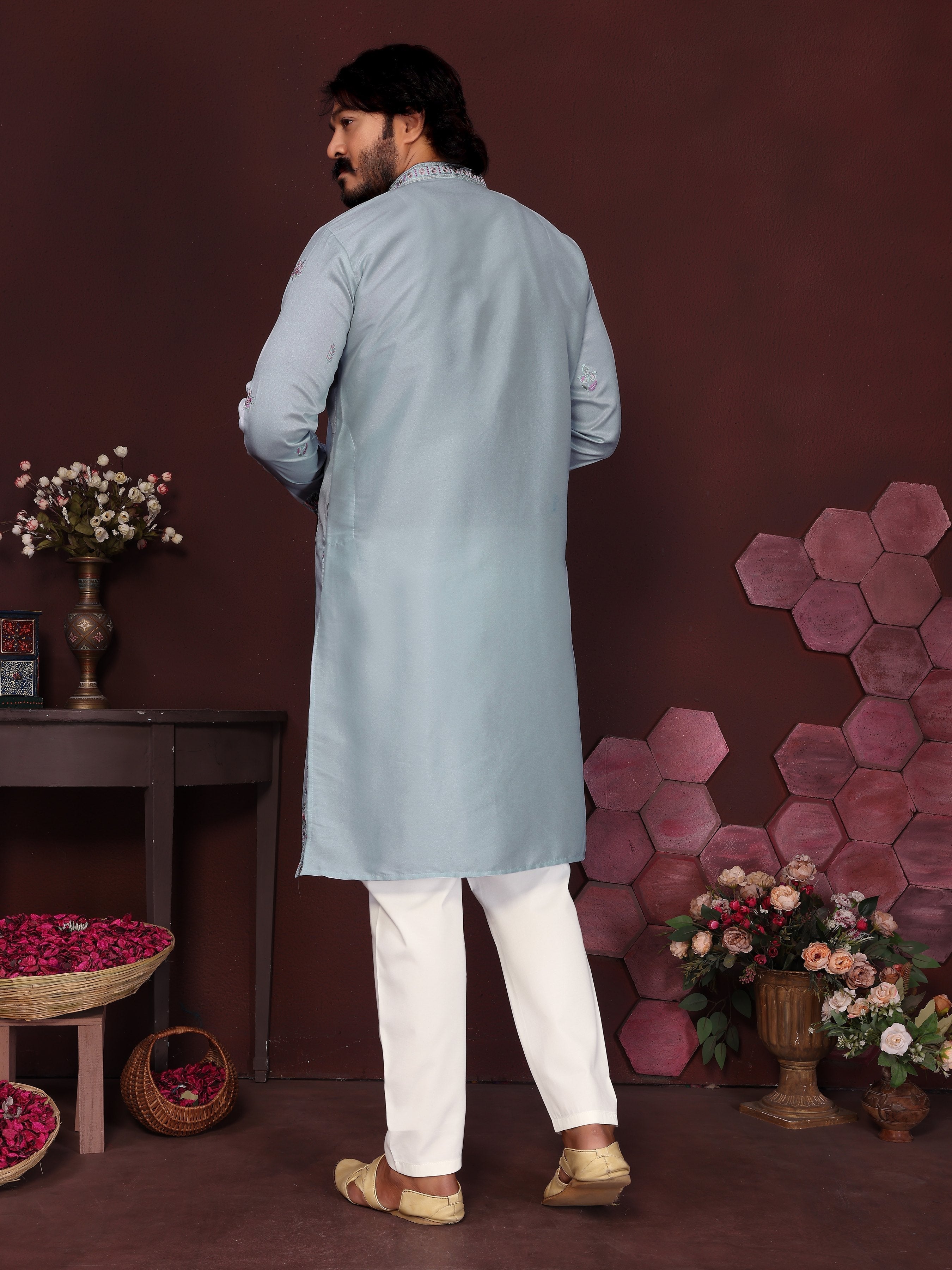 Toddler Boys Blue Sequins Embroidered Silk Kurta and Pajama