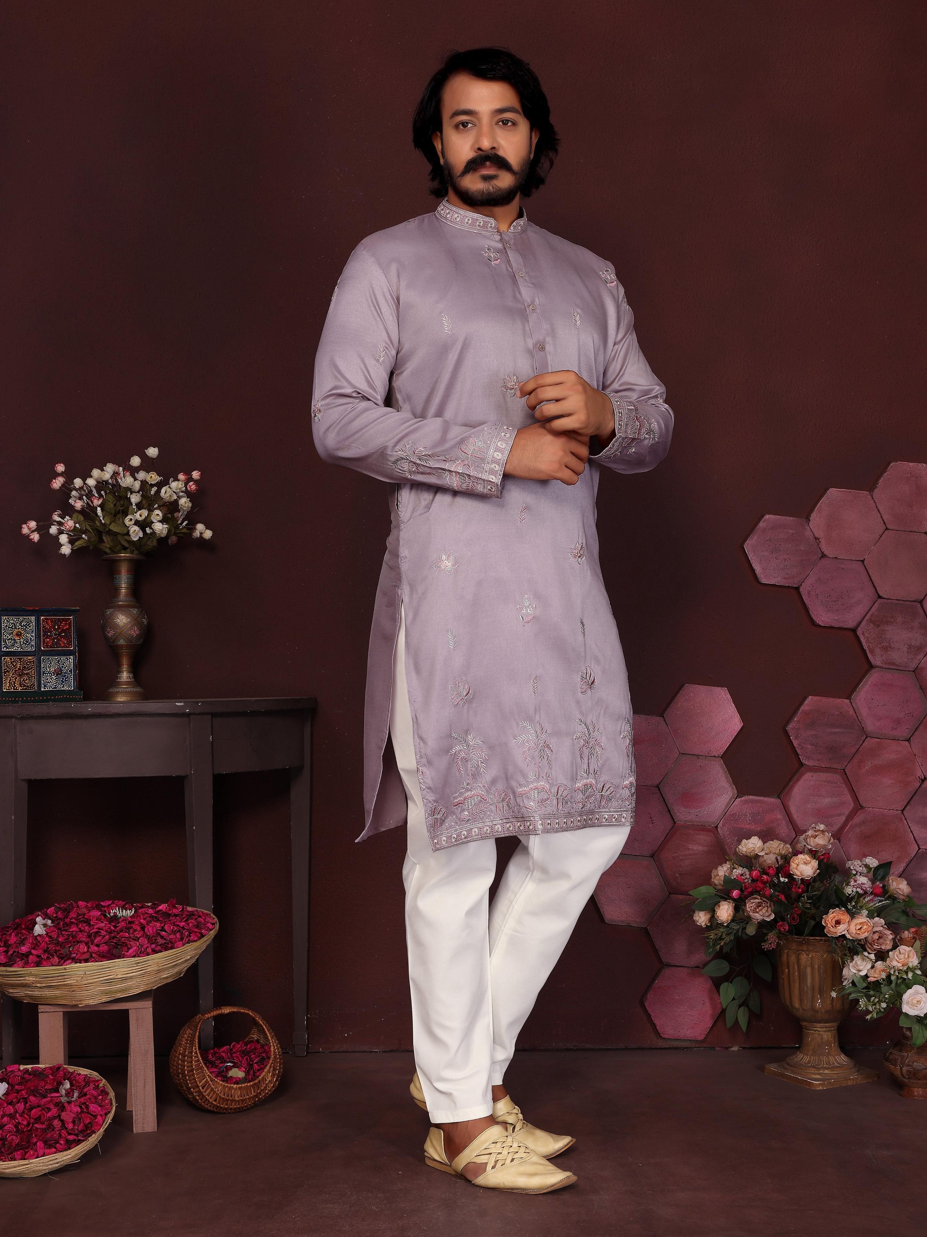 Purple Sequins Embroidered Kurta and Pajama Set for Boys