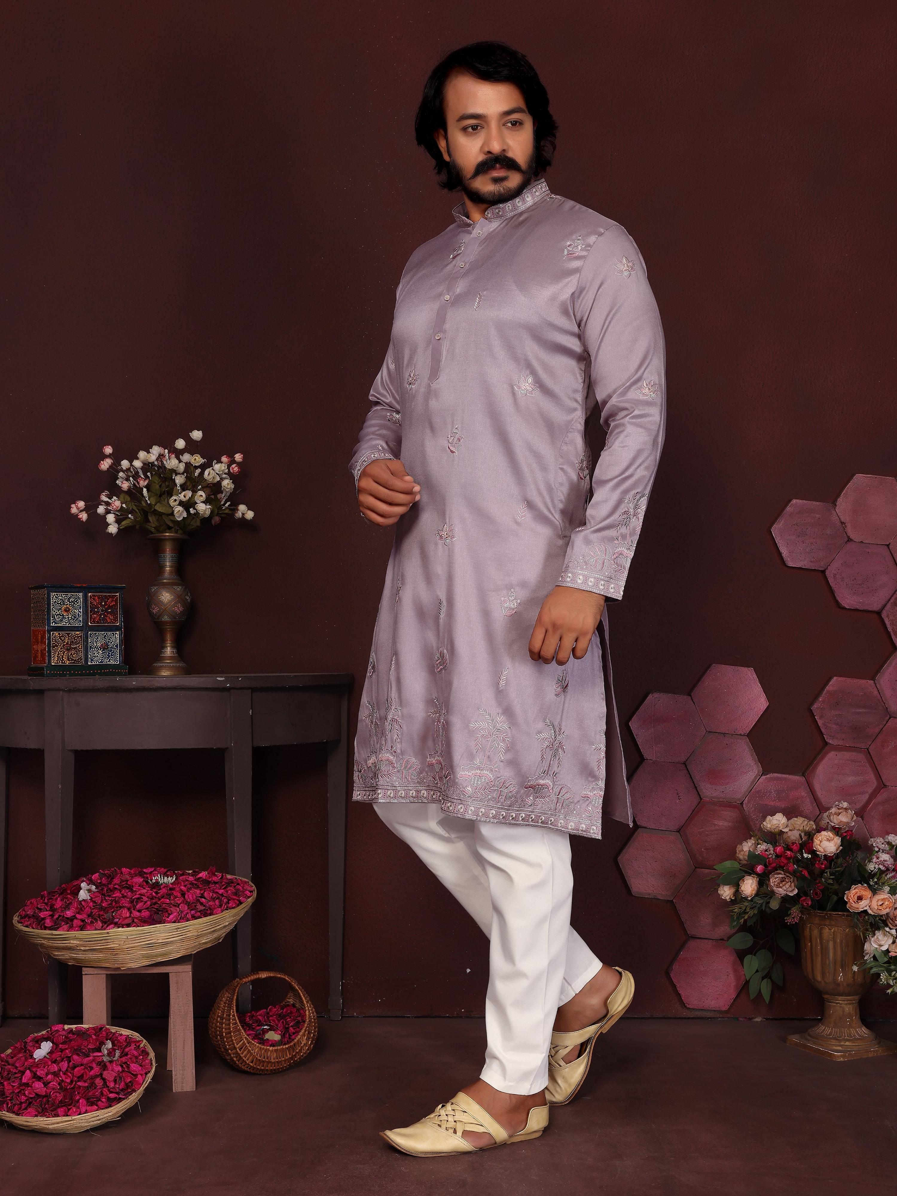 Purple Sequins Embroidered Kurta and Pajama Set for Boys