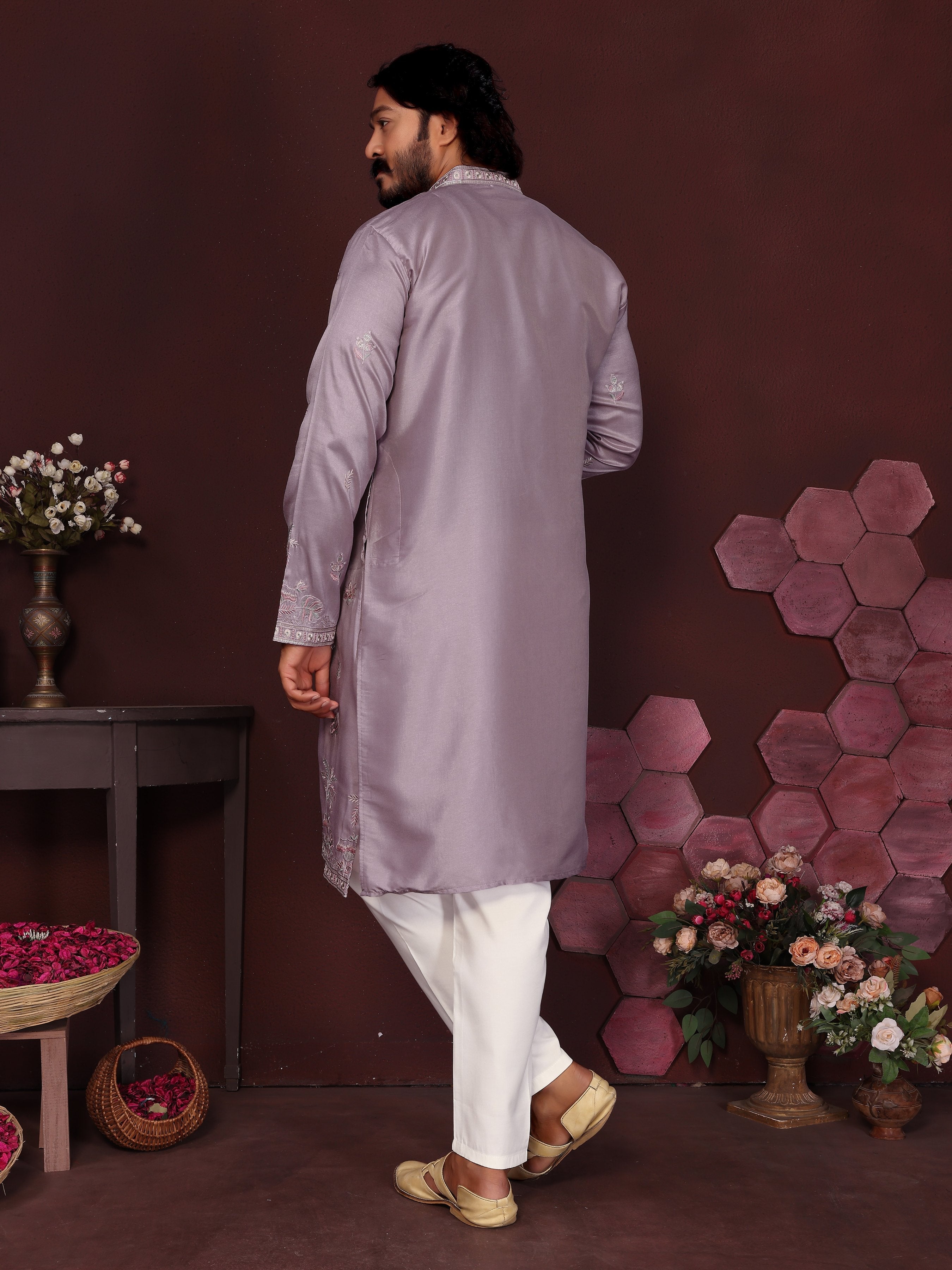 Purple Sequins Embroidered Kurta and Pajama Set for Boys