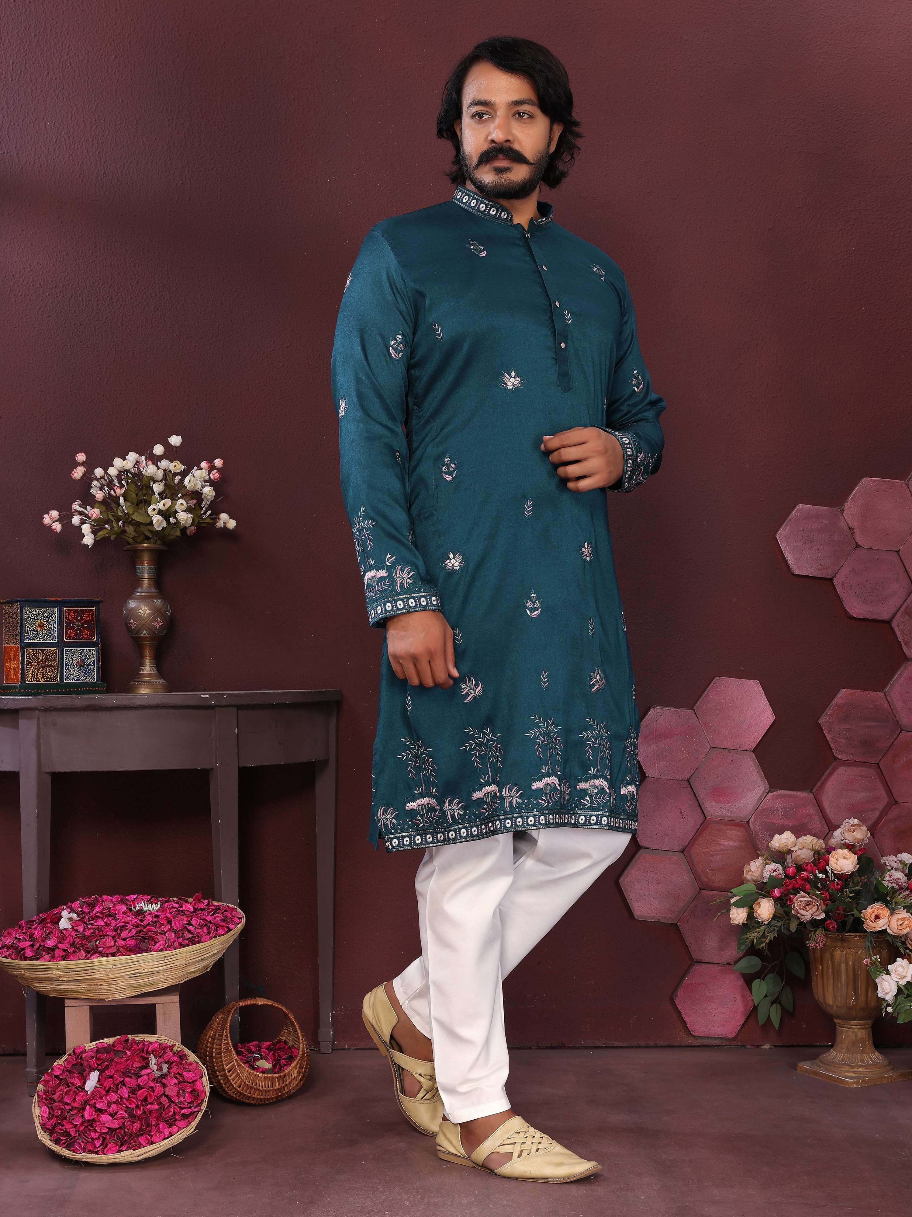 Teal Sequins Embroidered Kurta and Pajama Set for Boys