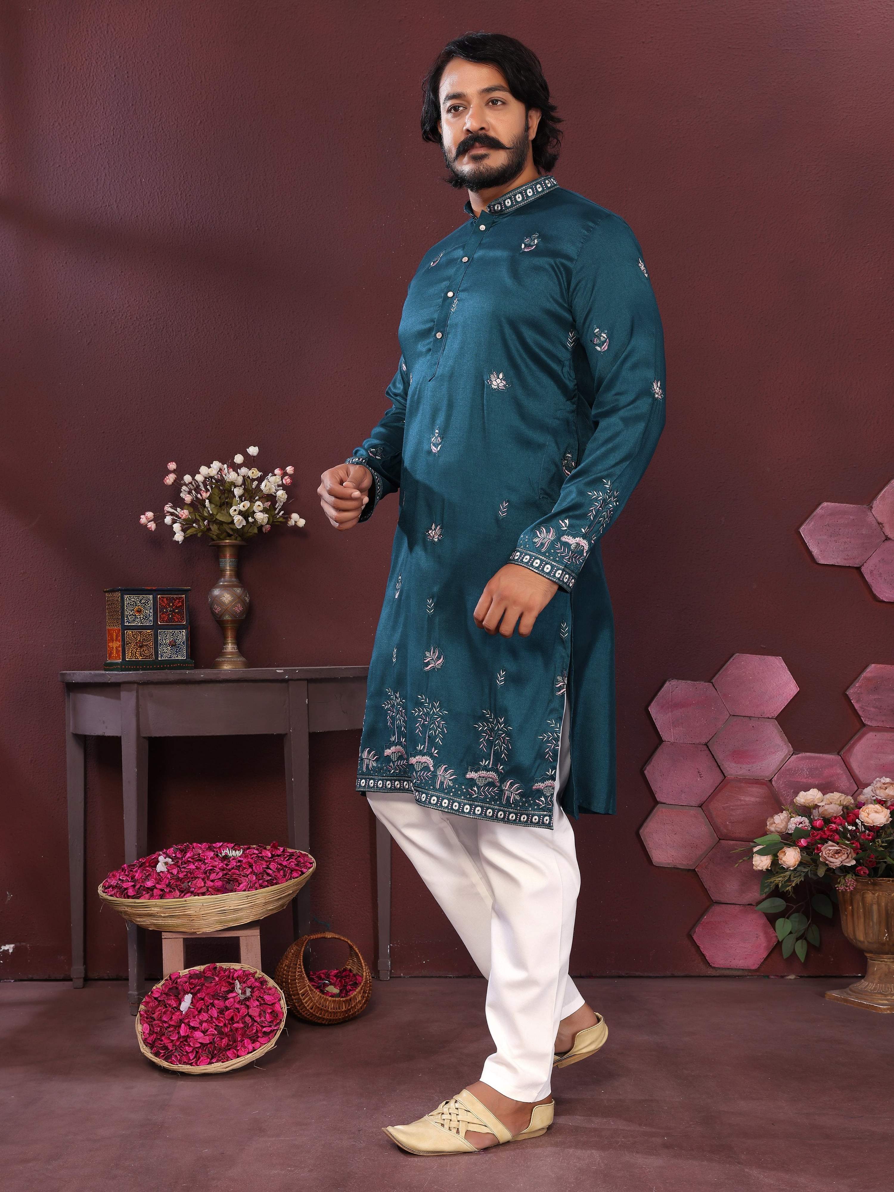 Teal Sequins Embroidered Kurta and Pajama Set for Boys