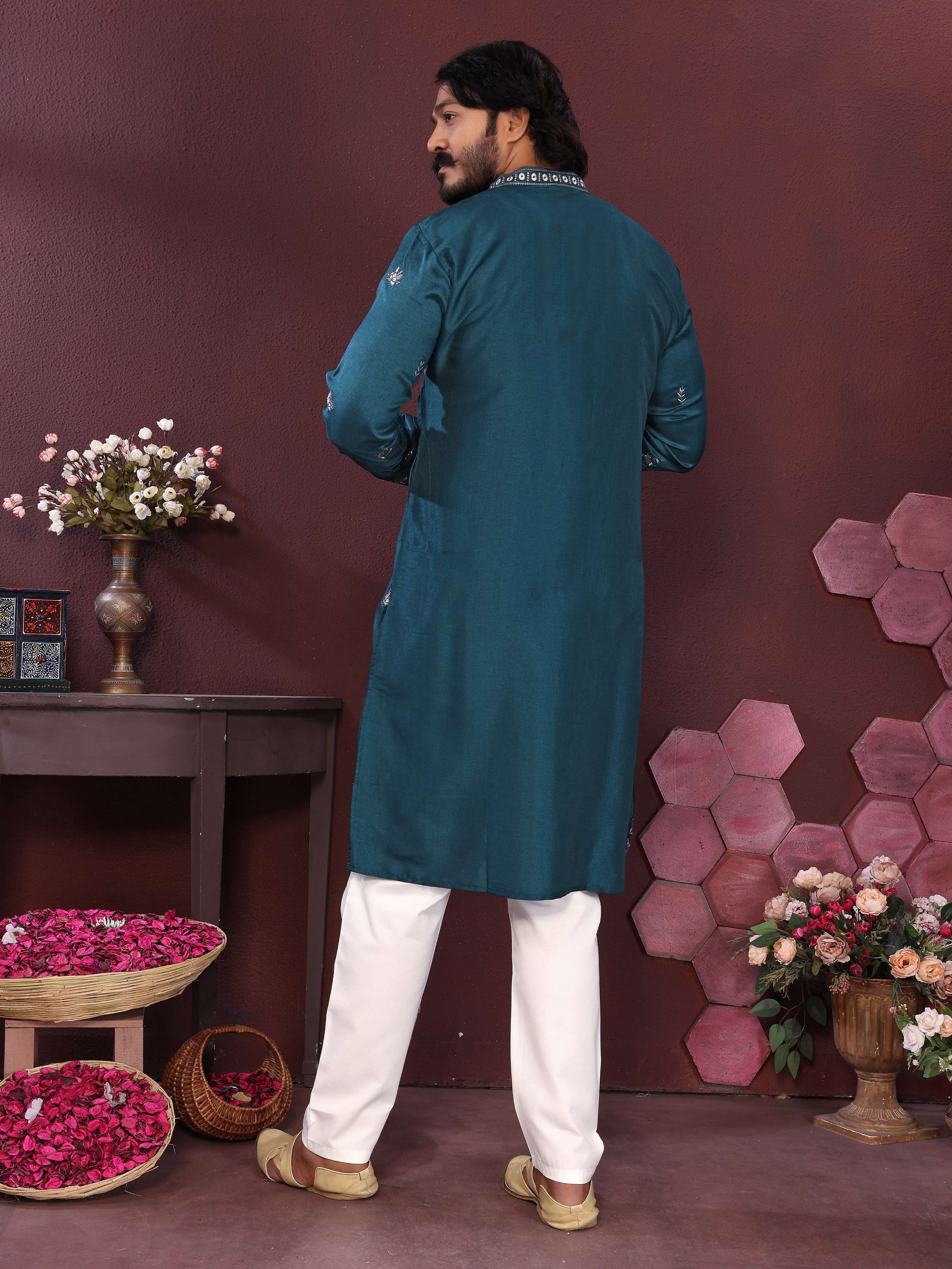 Teal Sequins Embroidered Kurta and Pajama Set for Boys
