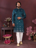 Boys teal kurta with sequin embroidery and matching pajama set
