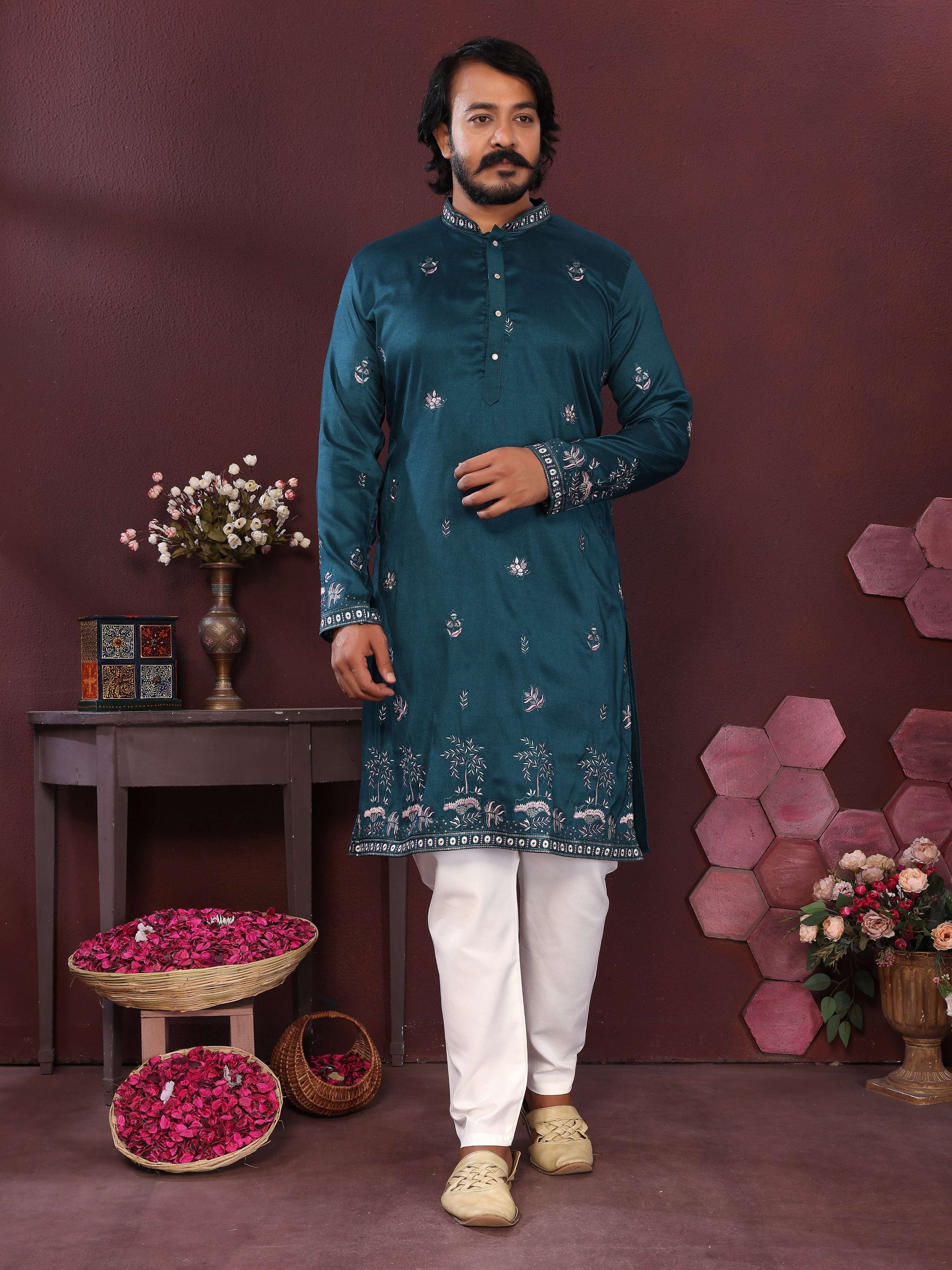 Boys teal kurta with sequin embroidery and matching pajama set
