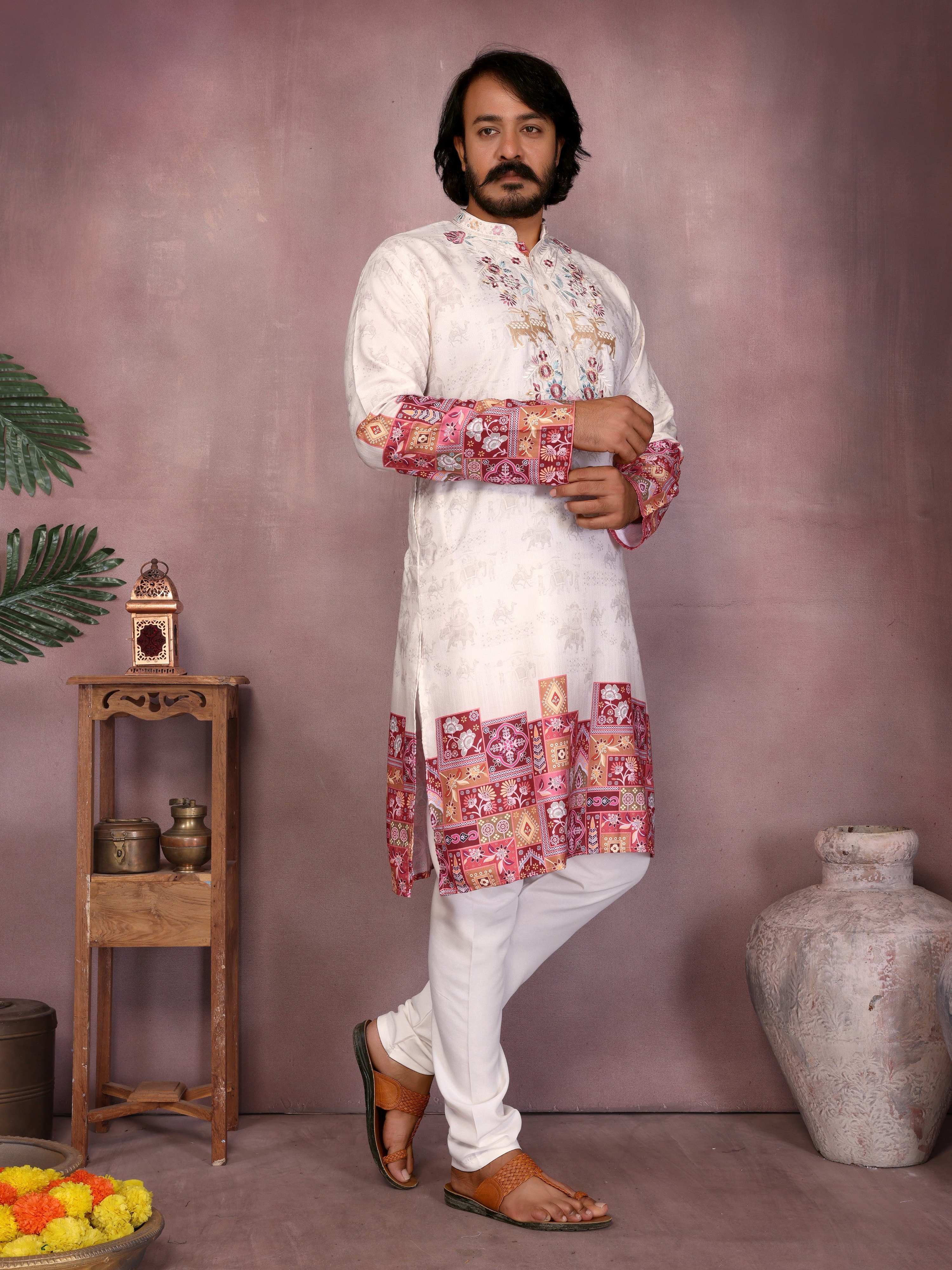 White Khadi cotton kurta with print and sequins embroidery, worn with matching pajamas