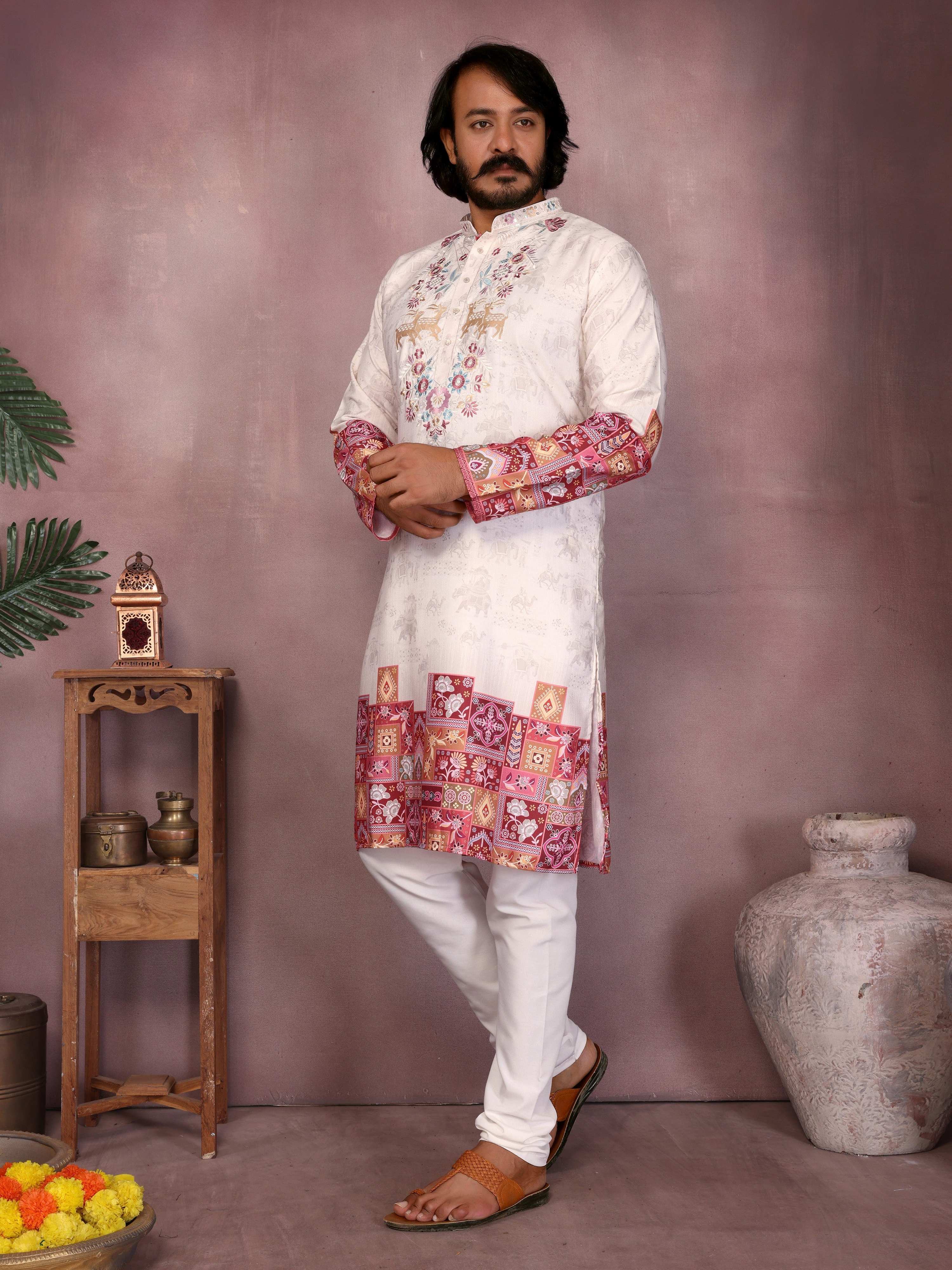 White Printed Sequins Embroidered Kurta and Pajama for Boys