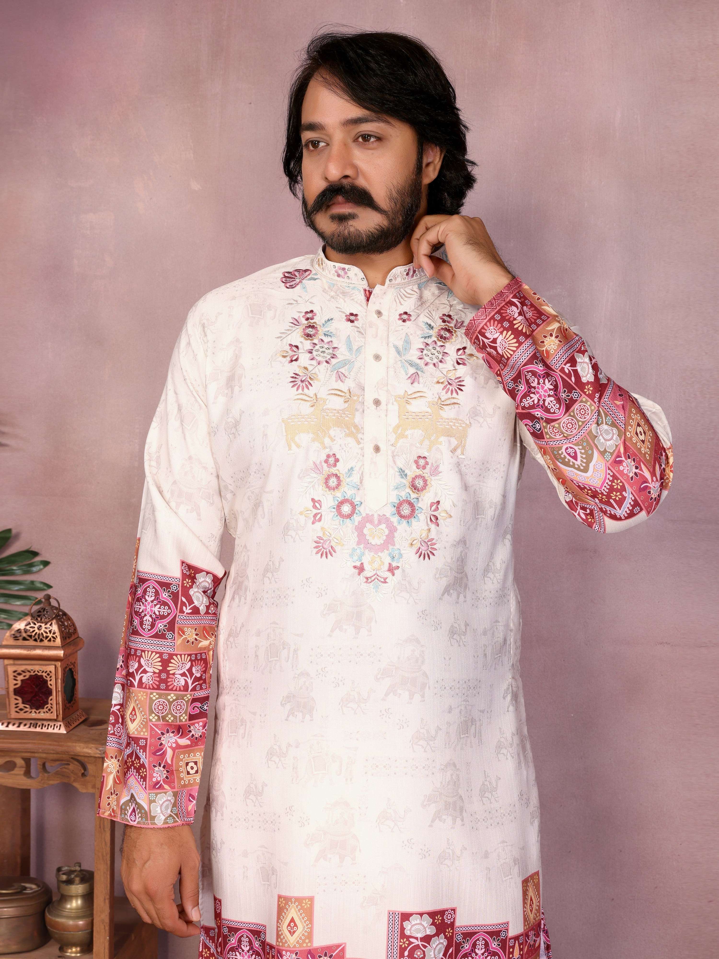 White Printed Sequins Embroidered Kurta and Pajama for Boys