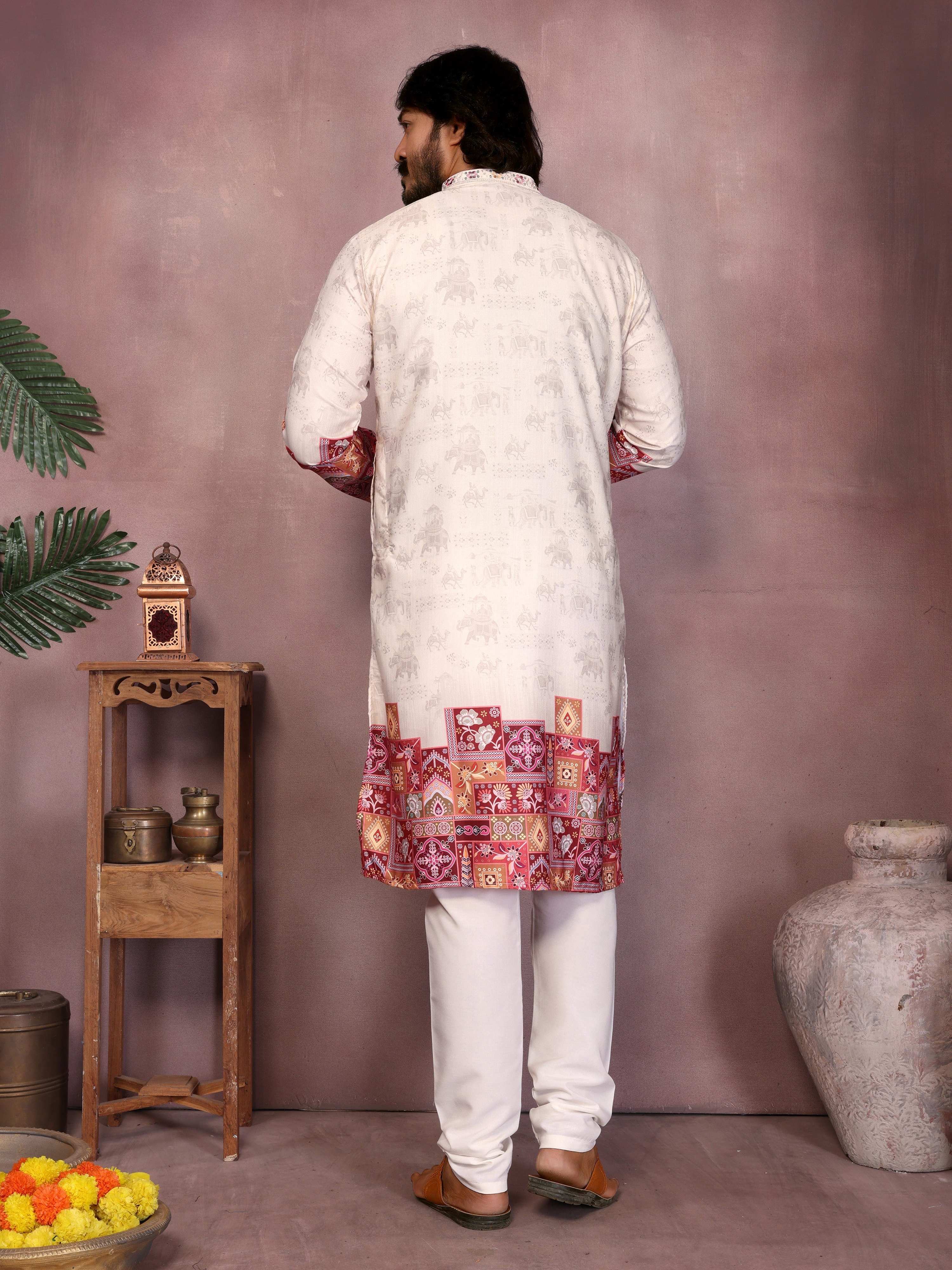 White Printed Sequins Embroidered Kurta and Pajama for Boys
