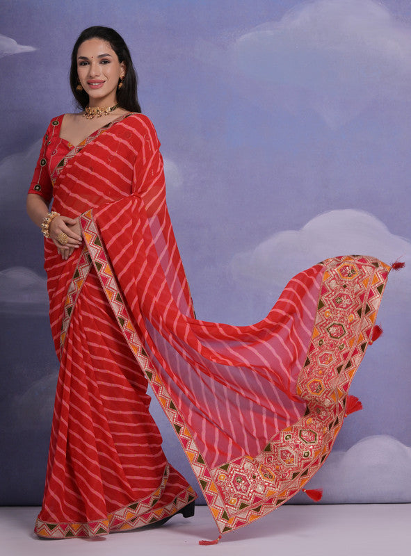 Red Coding Sequence Georgette Saree with Matching Blouse