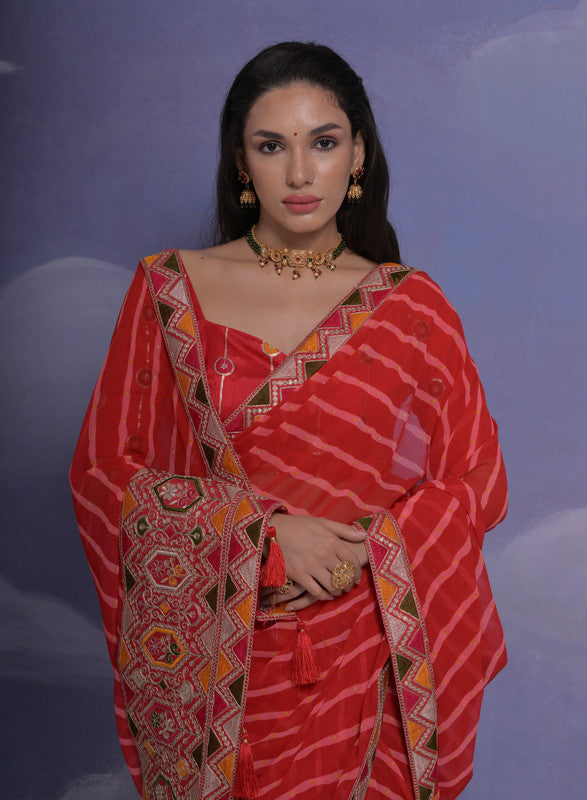 Red Coding Sequence Georgette Saree with Matching Blouse