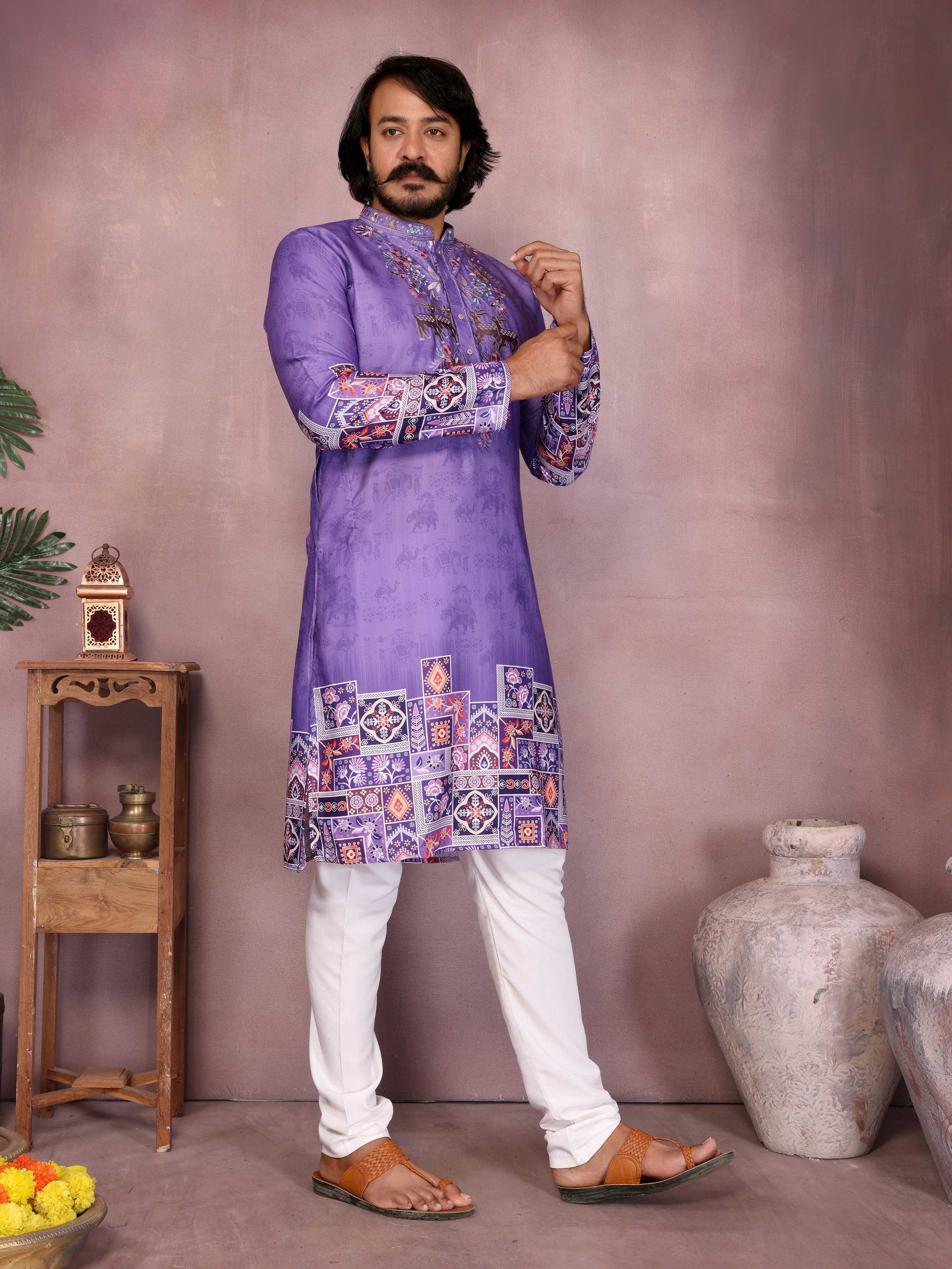 Toddler boy wearing a Jamuni colored Khadi cotton kurta with sequins embroidery and matching pajama