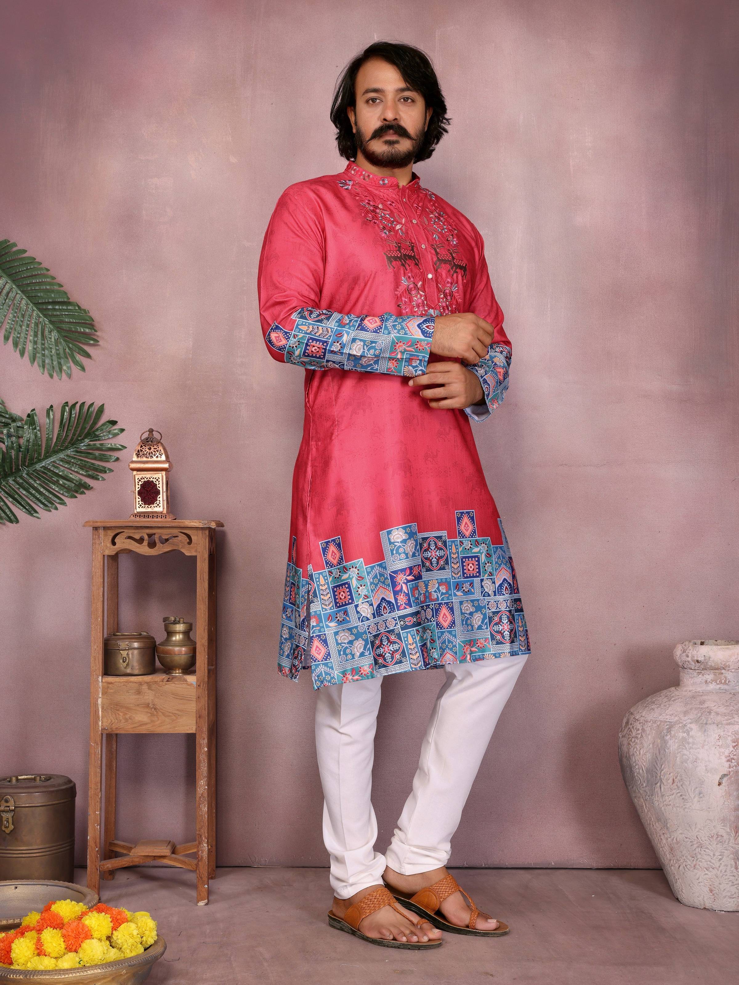 Men's Gajri Sequins Embroidered Silk Kurta with Pajama Set