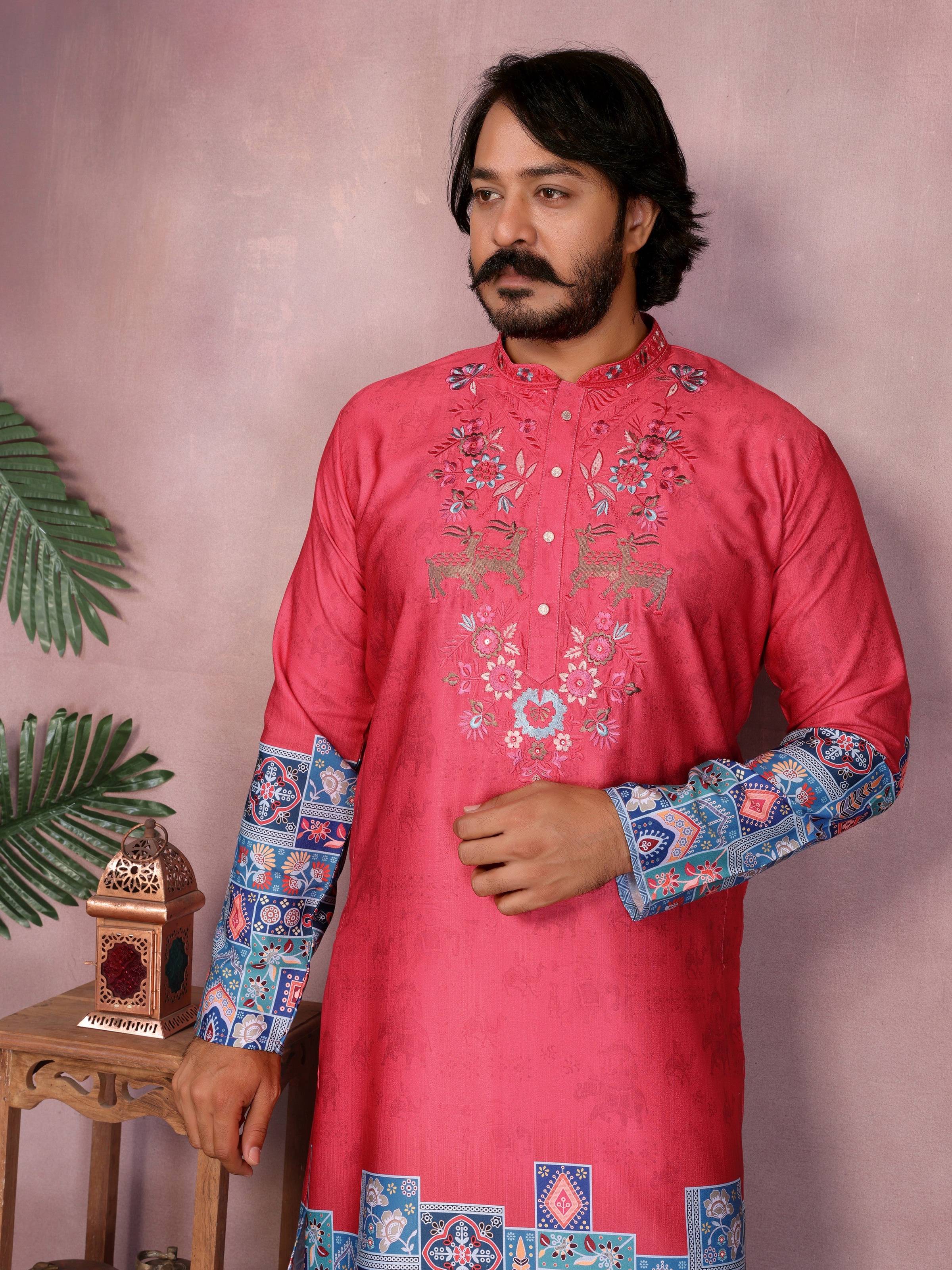 Men's Gajri Sequins Embroidered Silk Kurta with Pajama Set