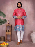 Men wearing a Gajri-colored silk kurta with intricate sequins embroidery and a button-down collar.