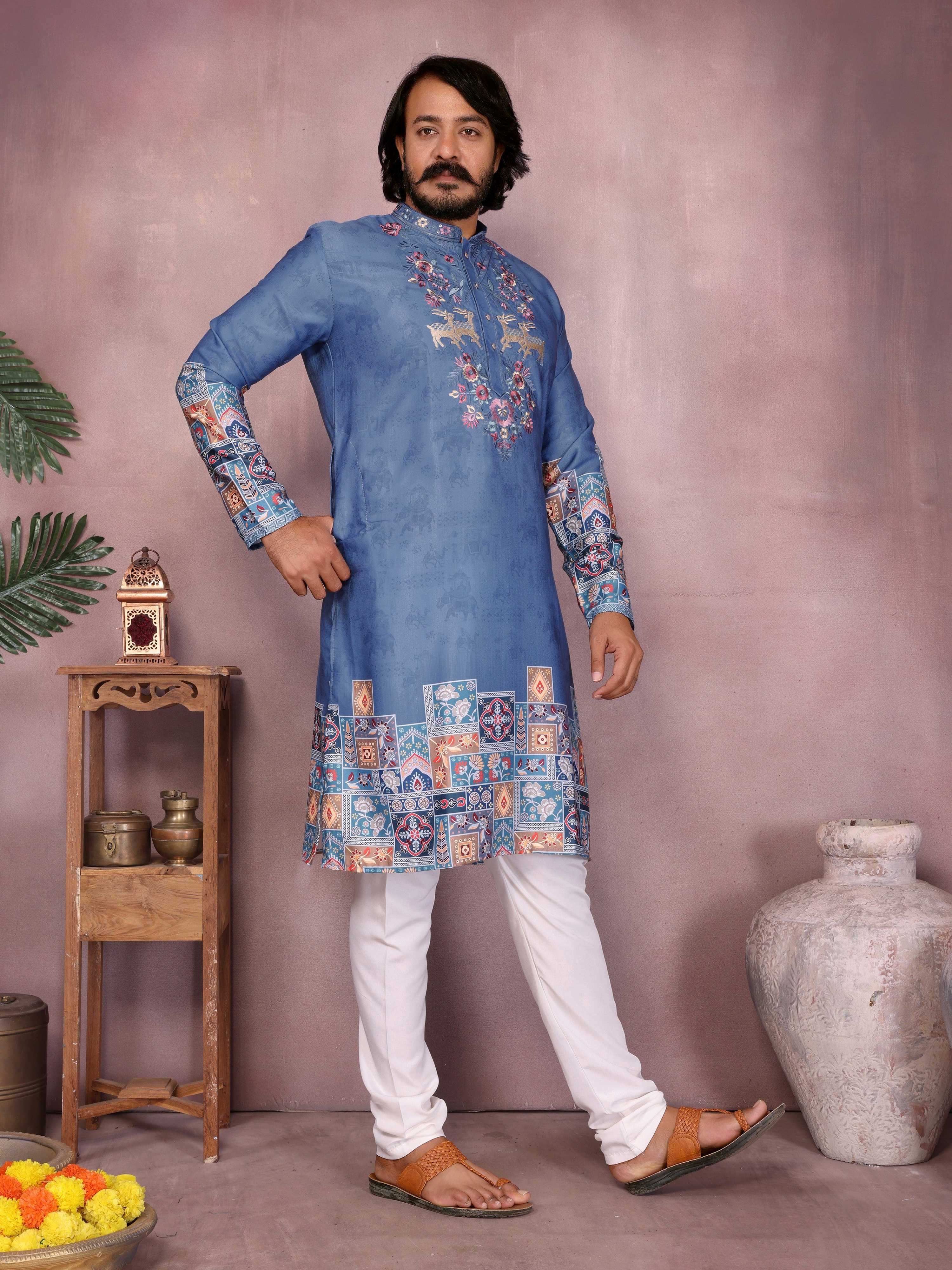 Blue Sequin Embroidered Kurta with Pajama Set for Men