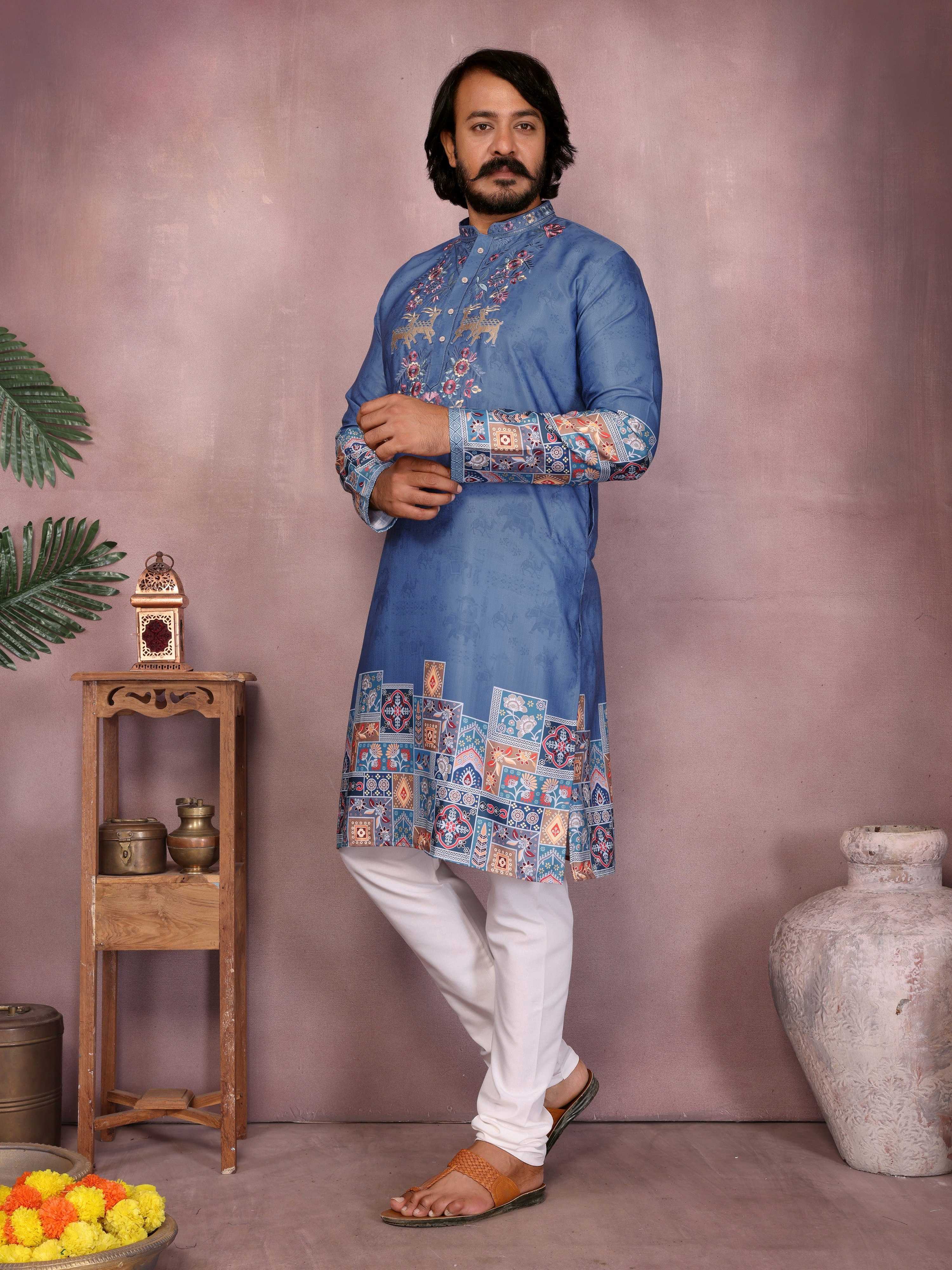 Blue Sequin Embroidered Kurta with Pajama Set for Men