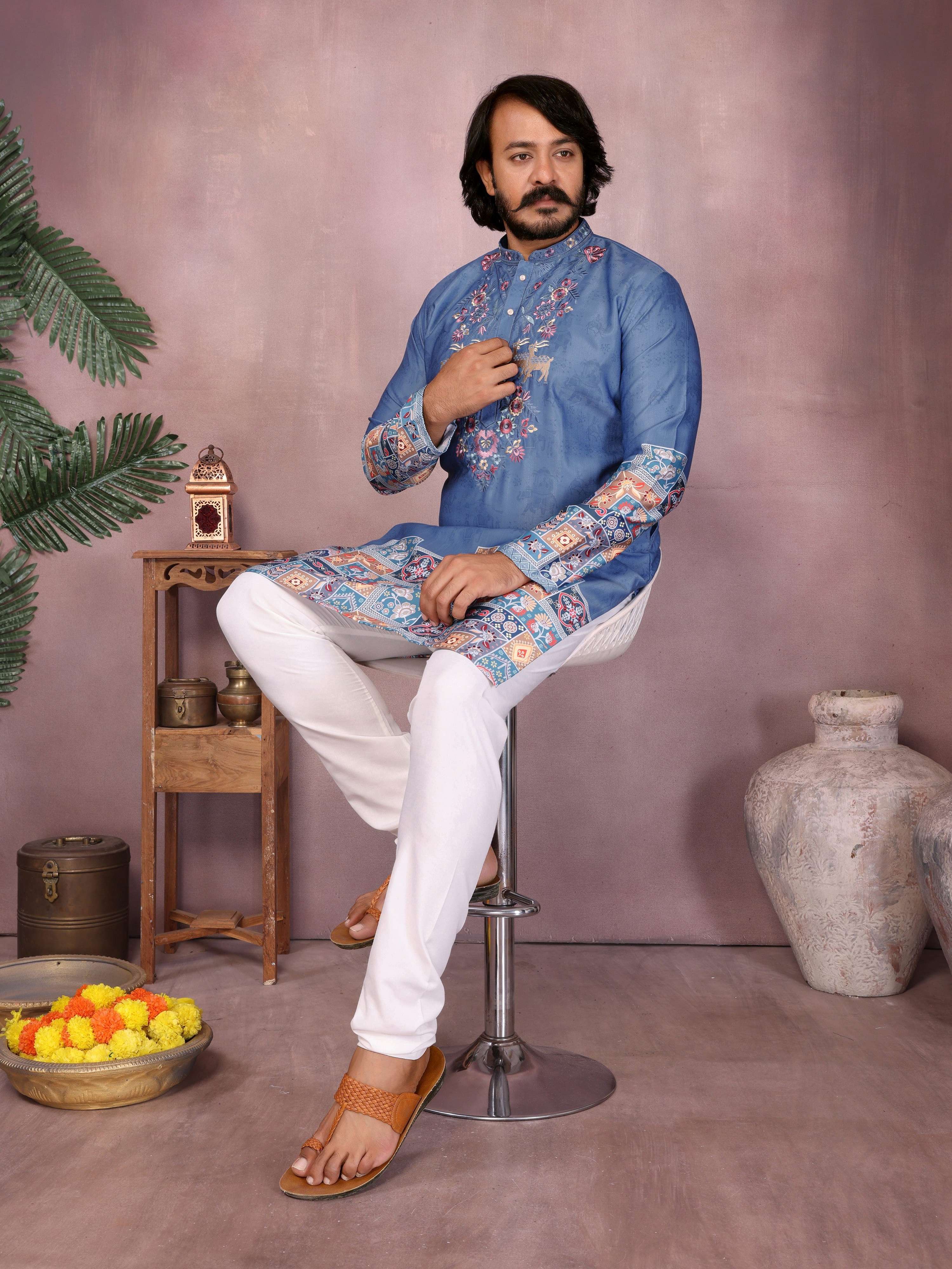 Blue Sequin Embroidered Kurta with Pajama Set for Men