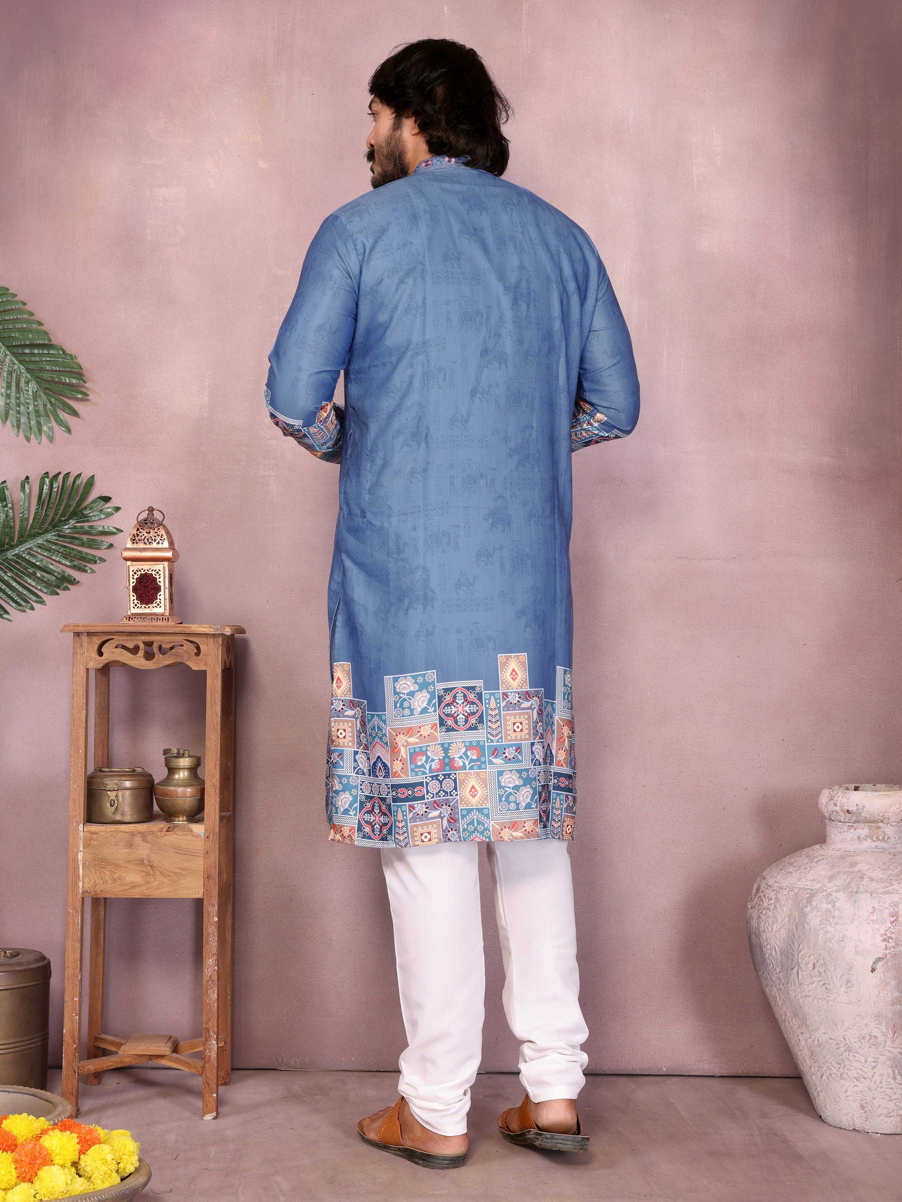 Blue Sequin Embroidered Kurta with Pajama Set for Men