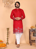 Boys Red Sequins Embroidered Kurta and Pajama Set for Occasions