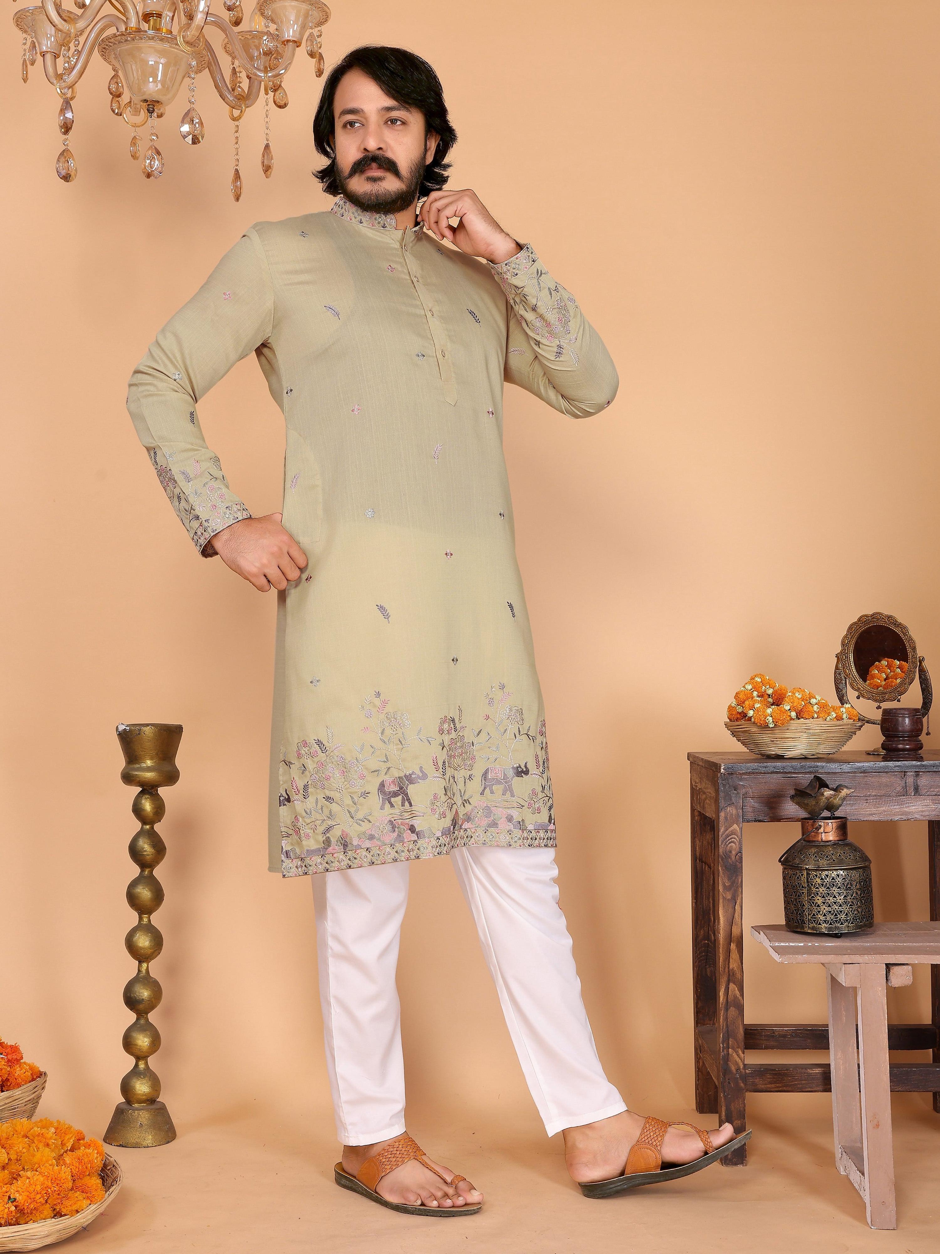Sea Green Sequins Embroidered Kurta and Pajama Set for Boys