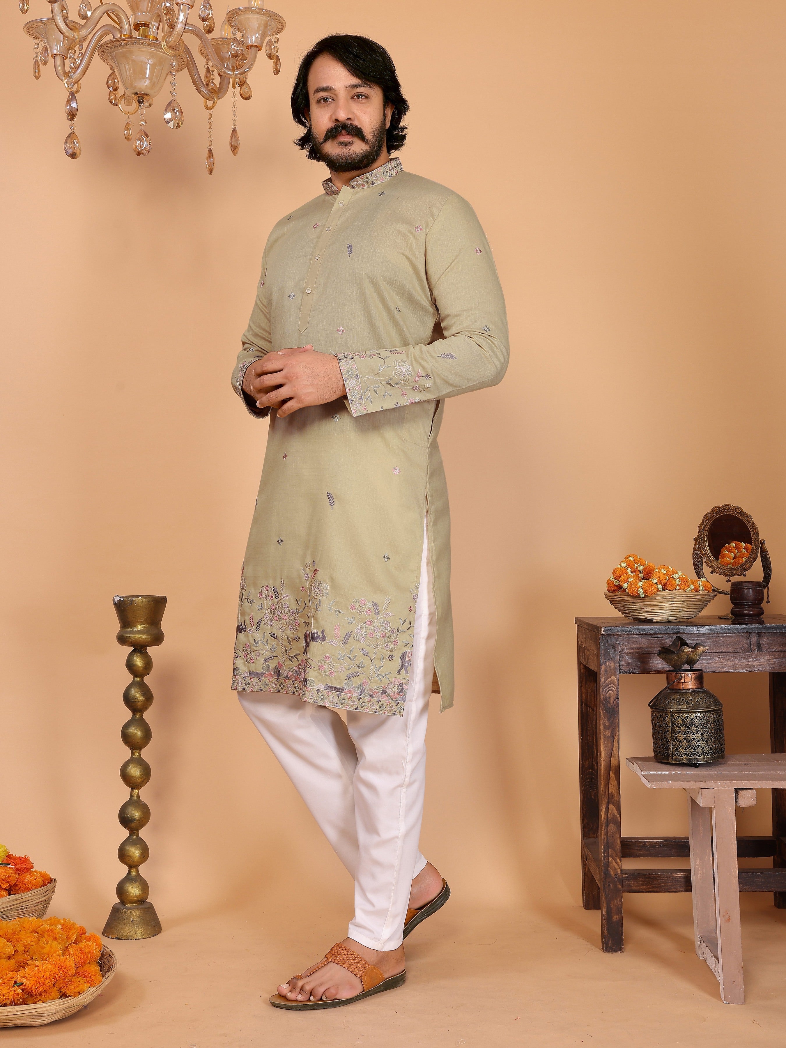 Sea Green Sequins Embroidered Kurta and Pajama Set for Boys
