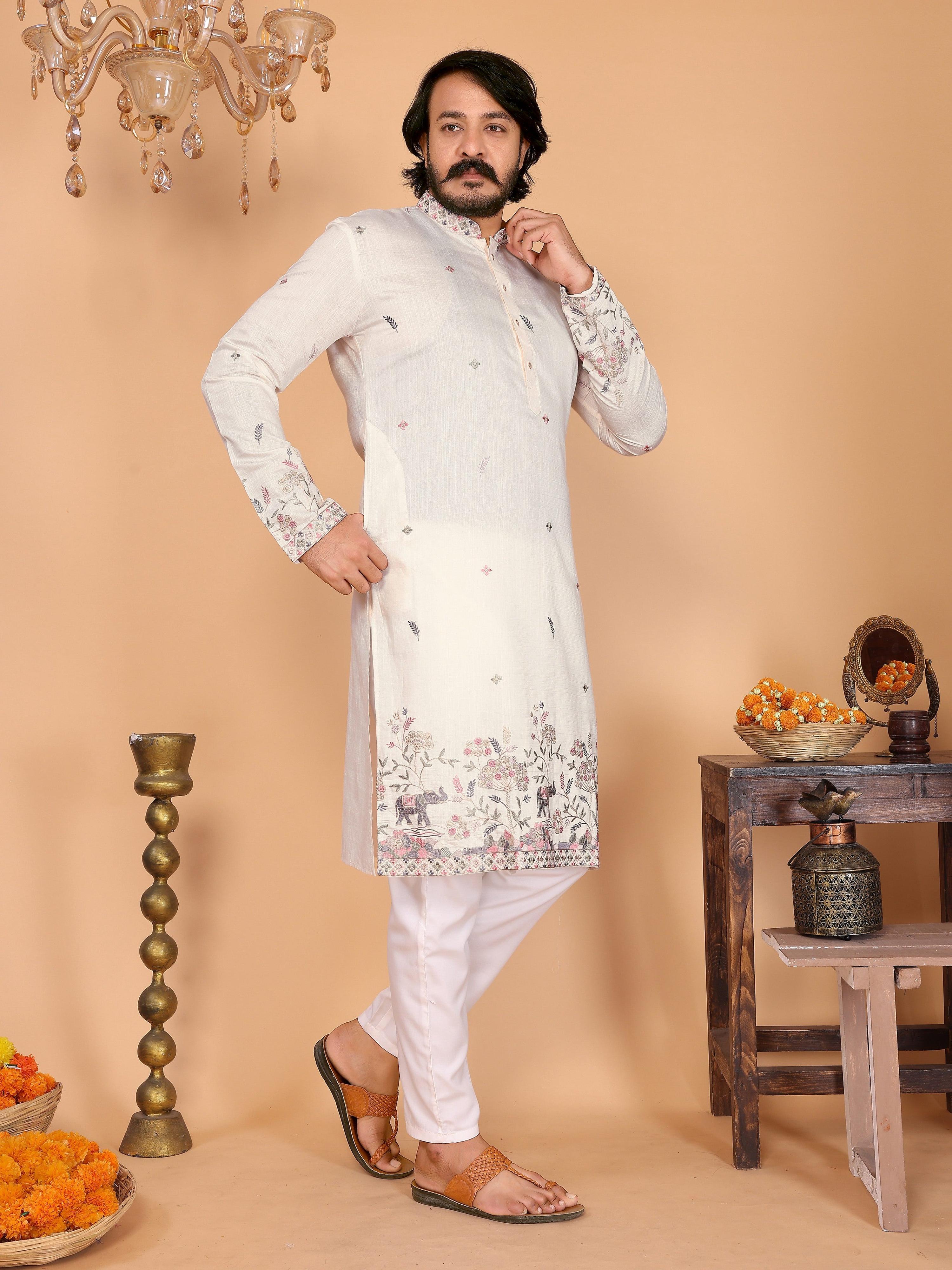 White Sequins Embroidered Kurta and Pajama Set for Kids