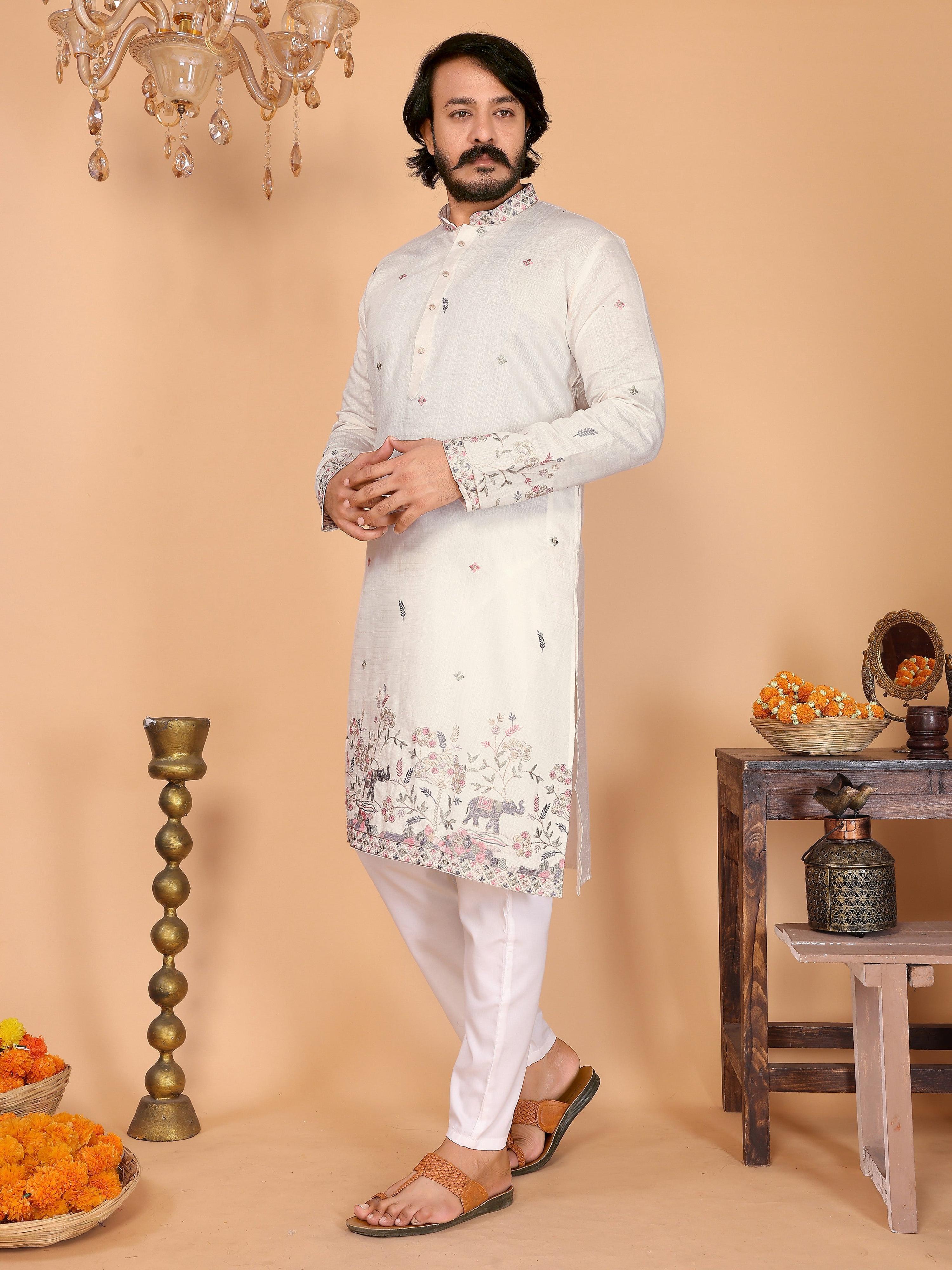White Sequins Embroidered Kurta and Pajama Set for Kids