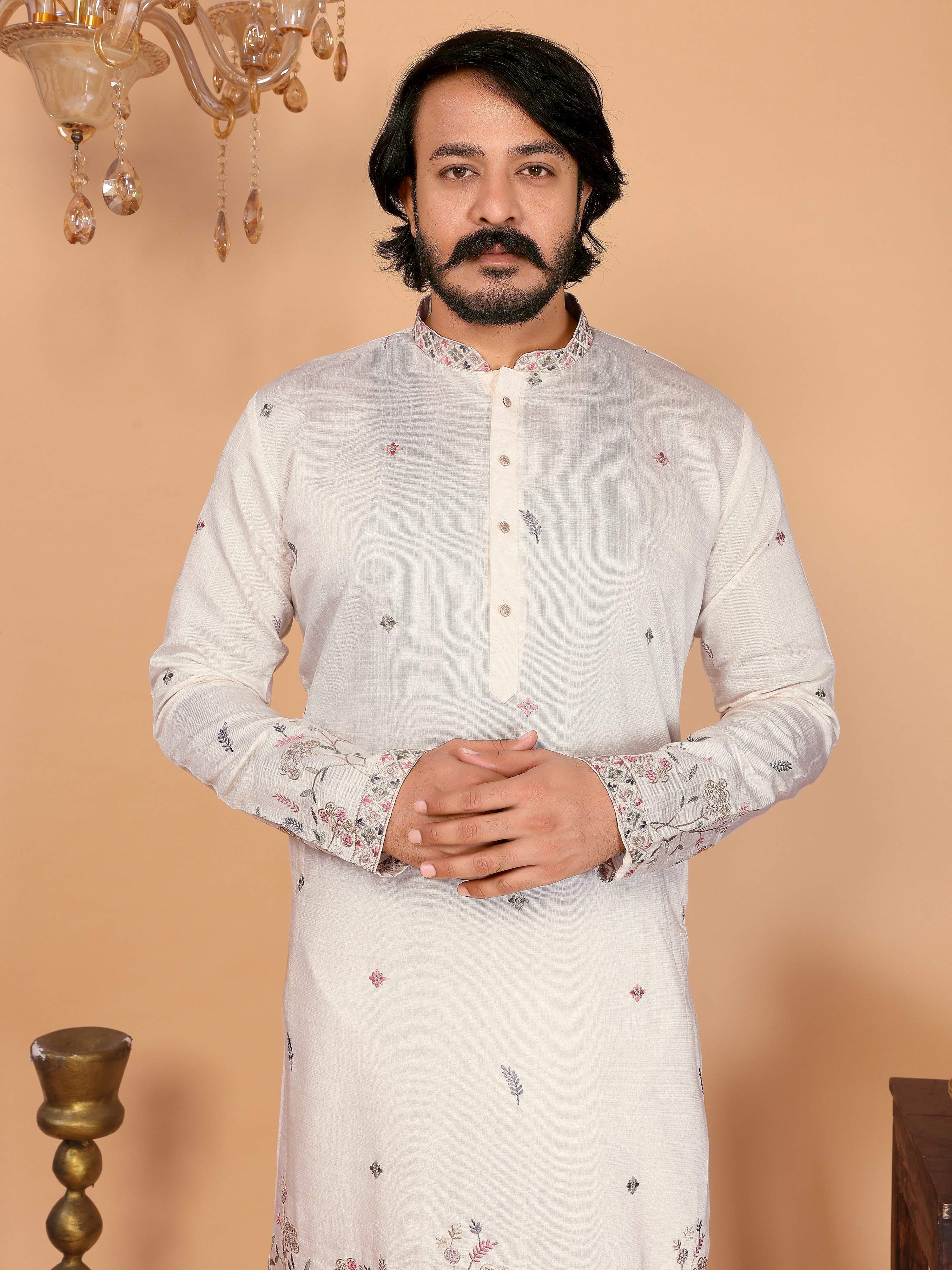 White Sequins Embroidered Kurta and Pajama Set for Kids