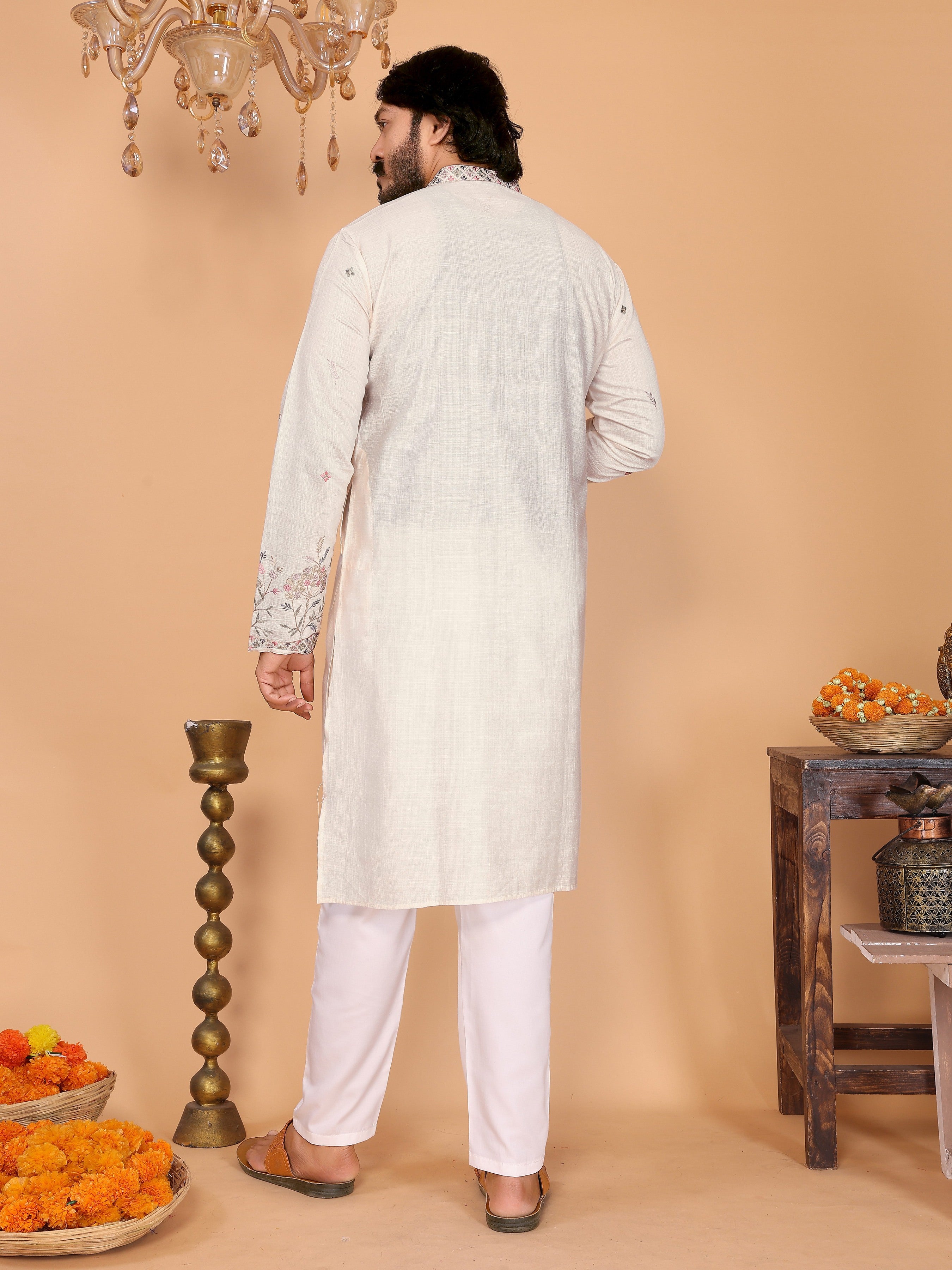 White Sequins Embroidered Kurta and Pajama Set for Kids