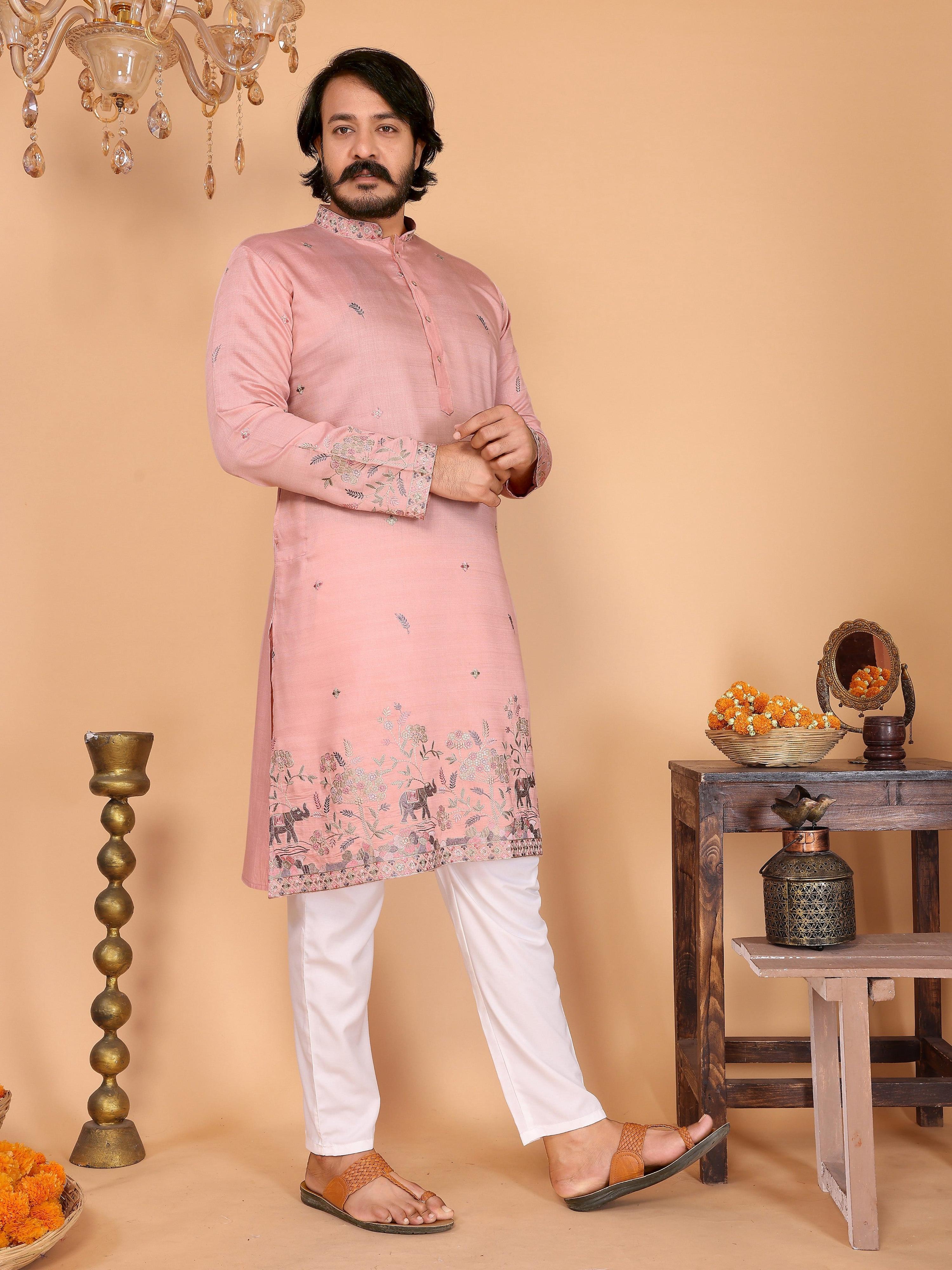 Peach Sequins Embroidered Kurta and Pajama Set for Boys