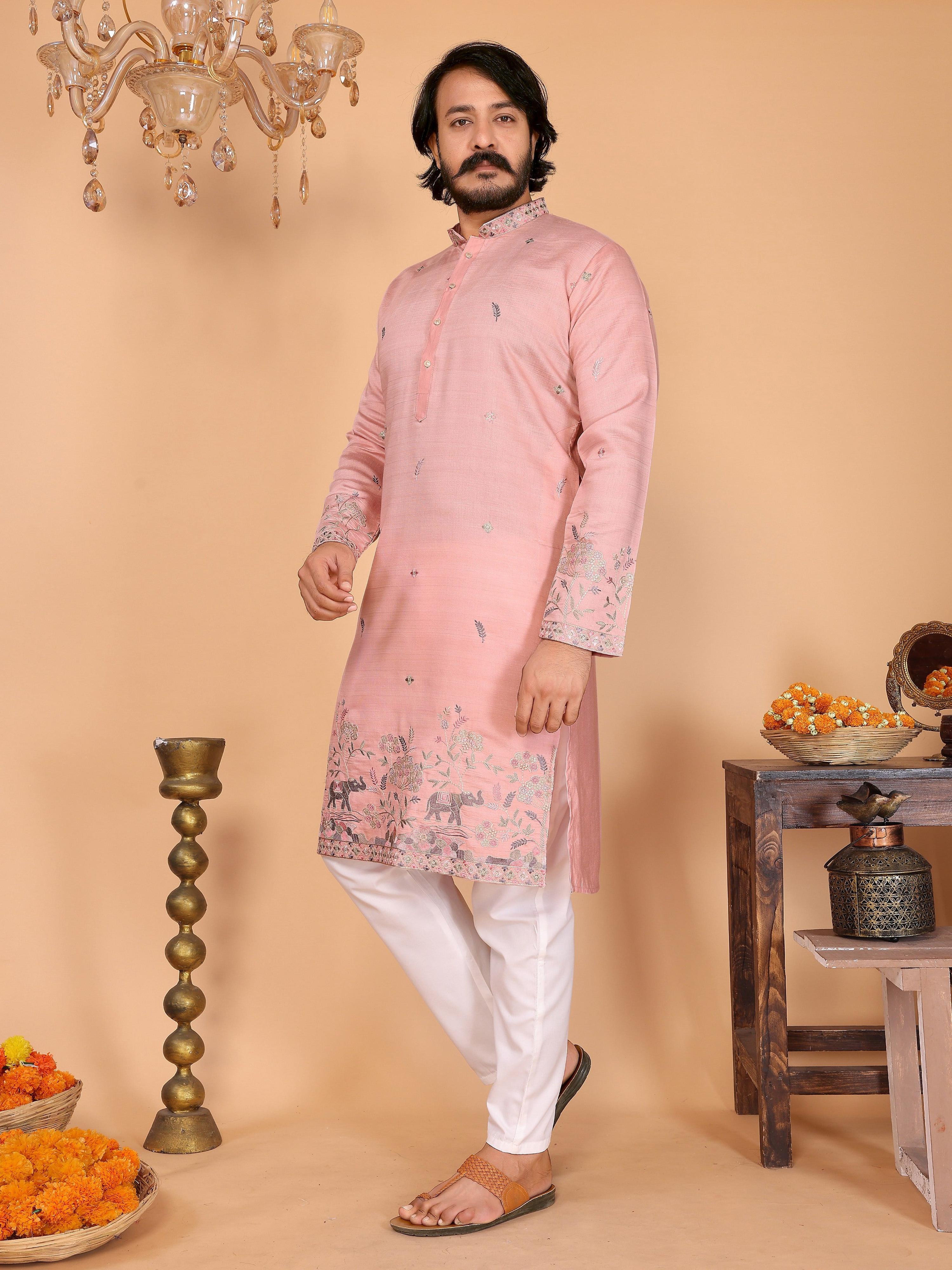 Peach-colored boys ethnic kurta with sequins detail and matching pajama set
