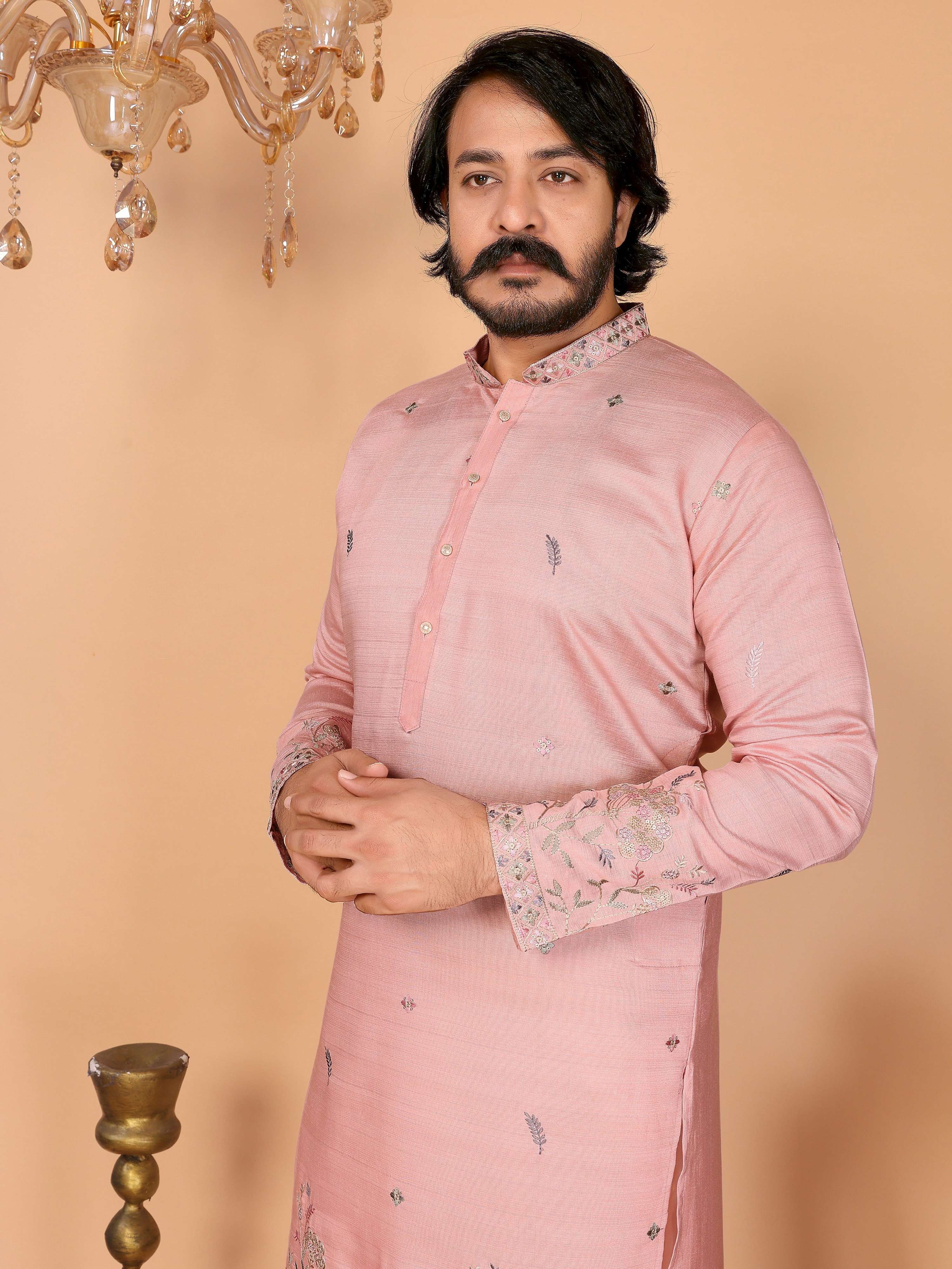 Peach Sequins Embroidered Kurta and Pajama Set for Boys