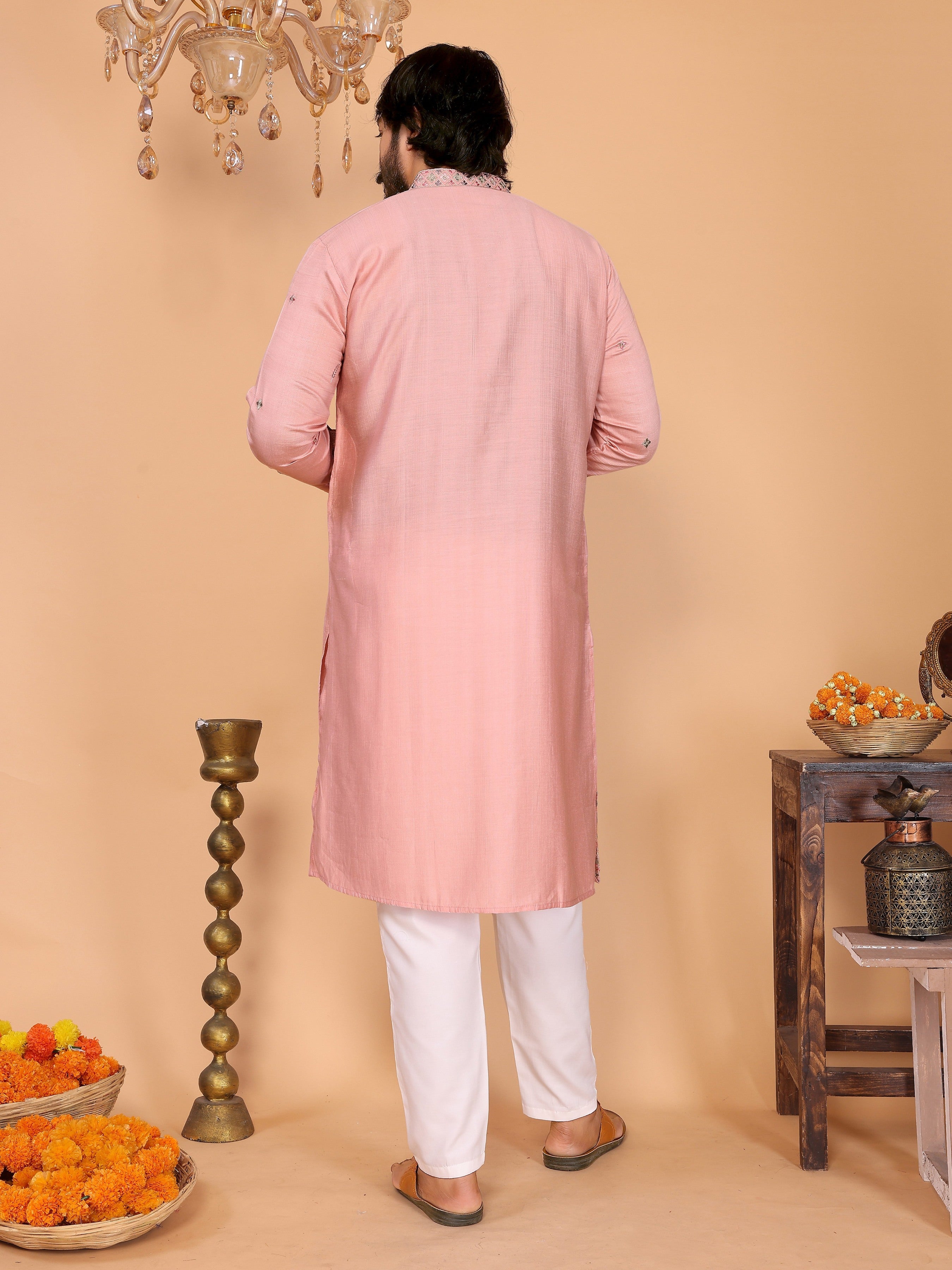 Peach Sequins Embroidered Kurta and Pajama Set for Boys